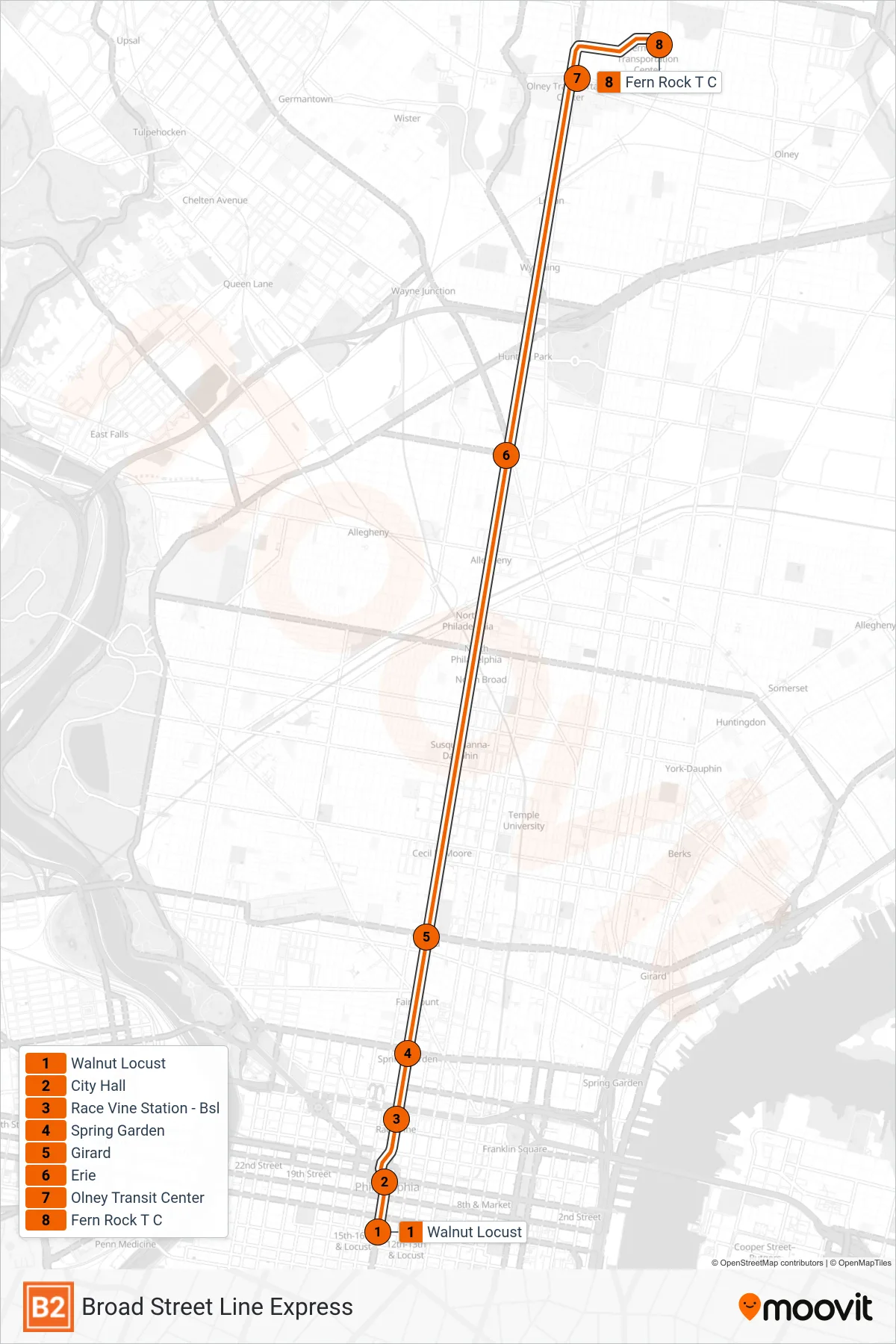 B2 subway Line (Fern Rock Transit Center) route and stops on a map