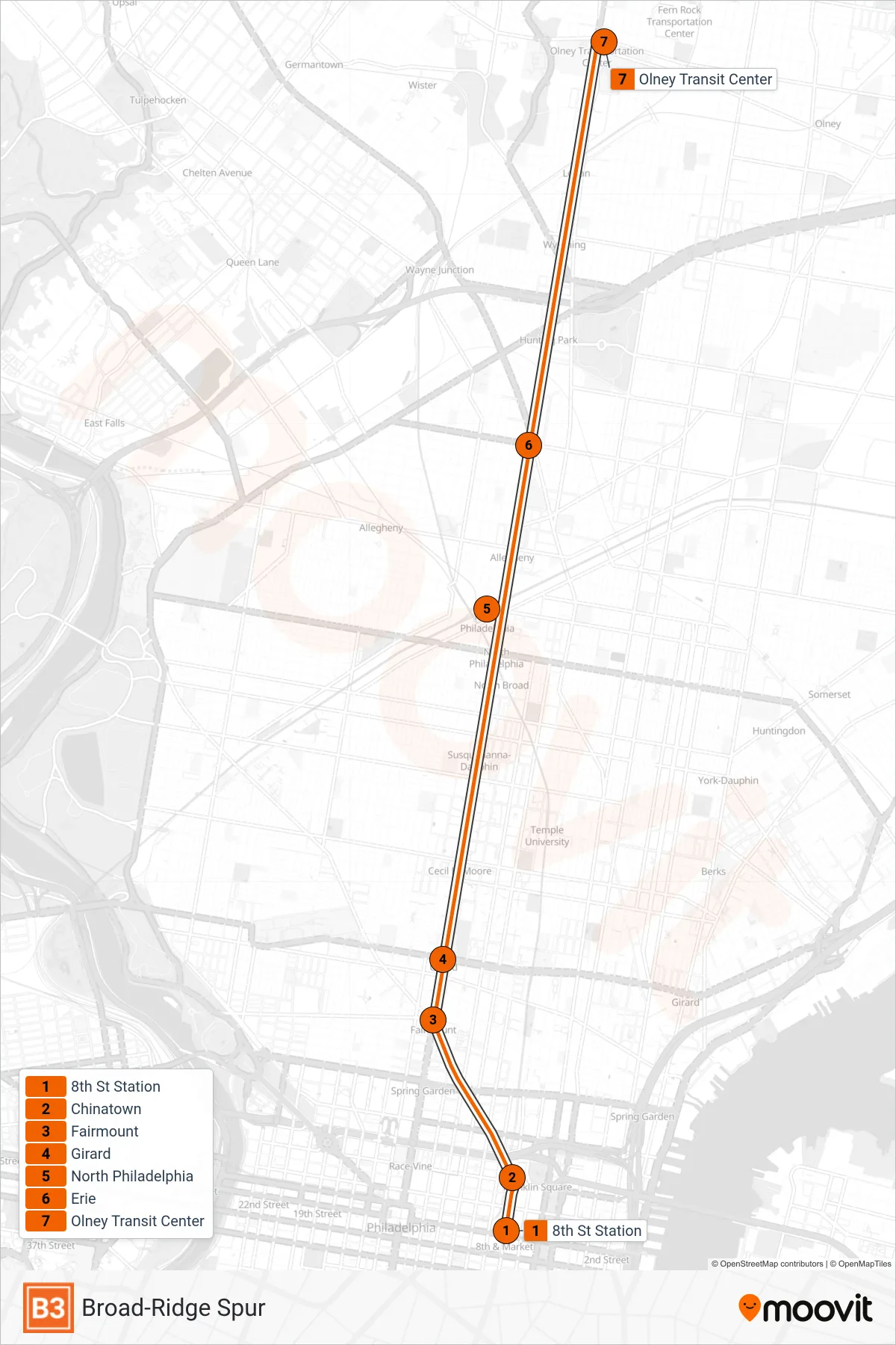 B3 subway Line (Olney Transit Center) route and stops on a map
