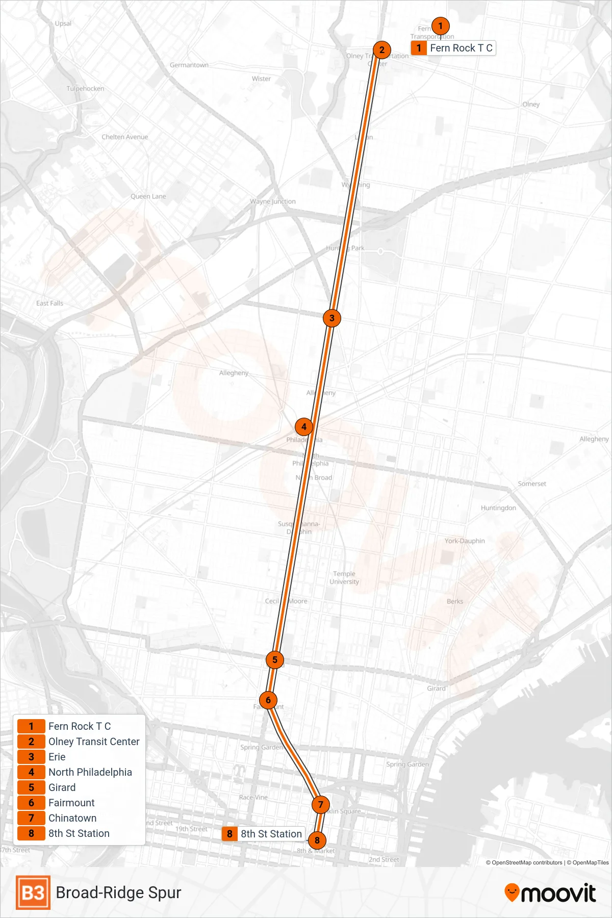 B3 metro Line (8th-Market) route and stops on a map