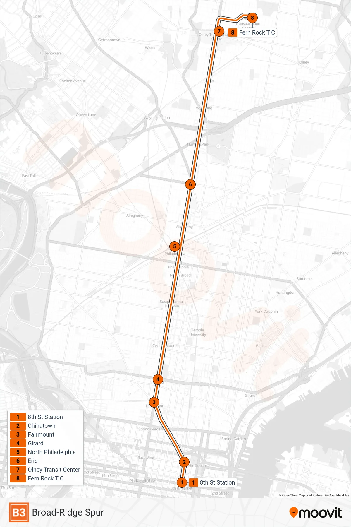 B3 metro Line (Fern Rock Transit Center) route and stops on a map