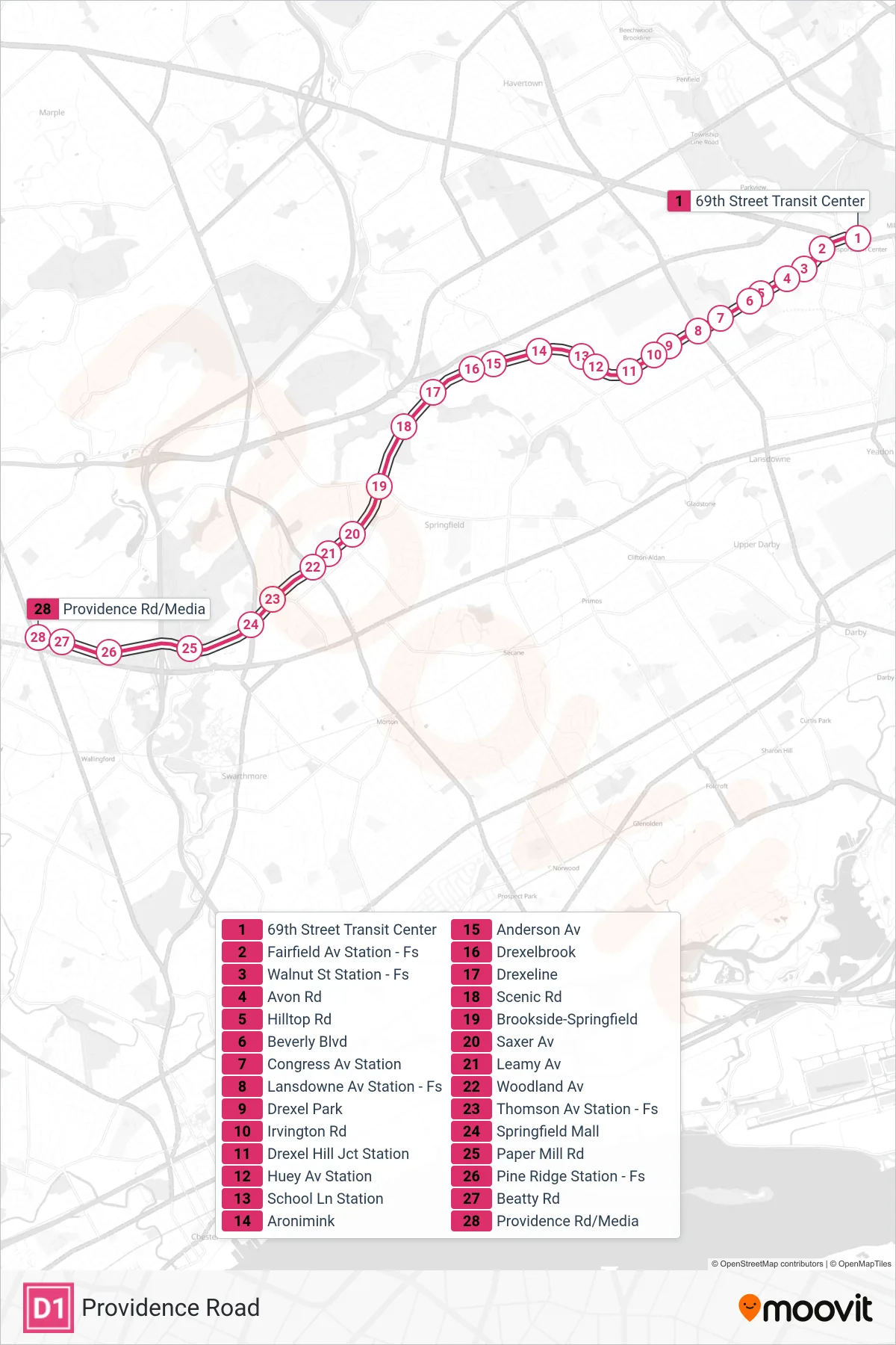 D1 metro Line (Providence Road) route and stops on a map