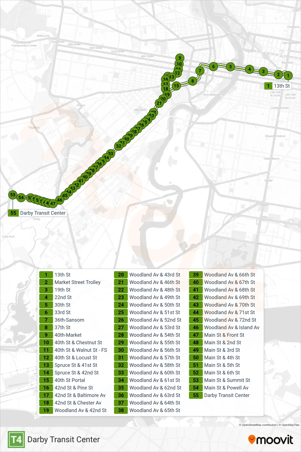 T4 subway Line (Darby Transit Center) route and stops on a map