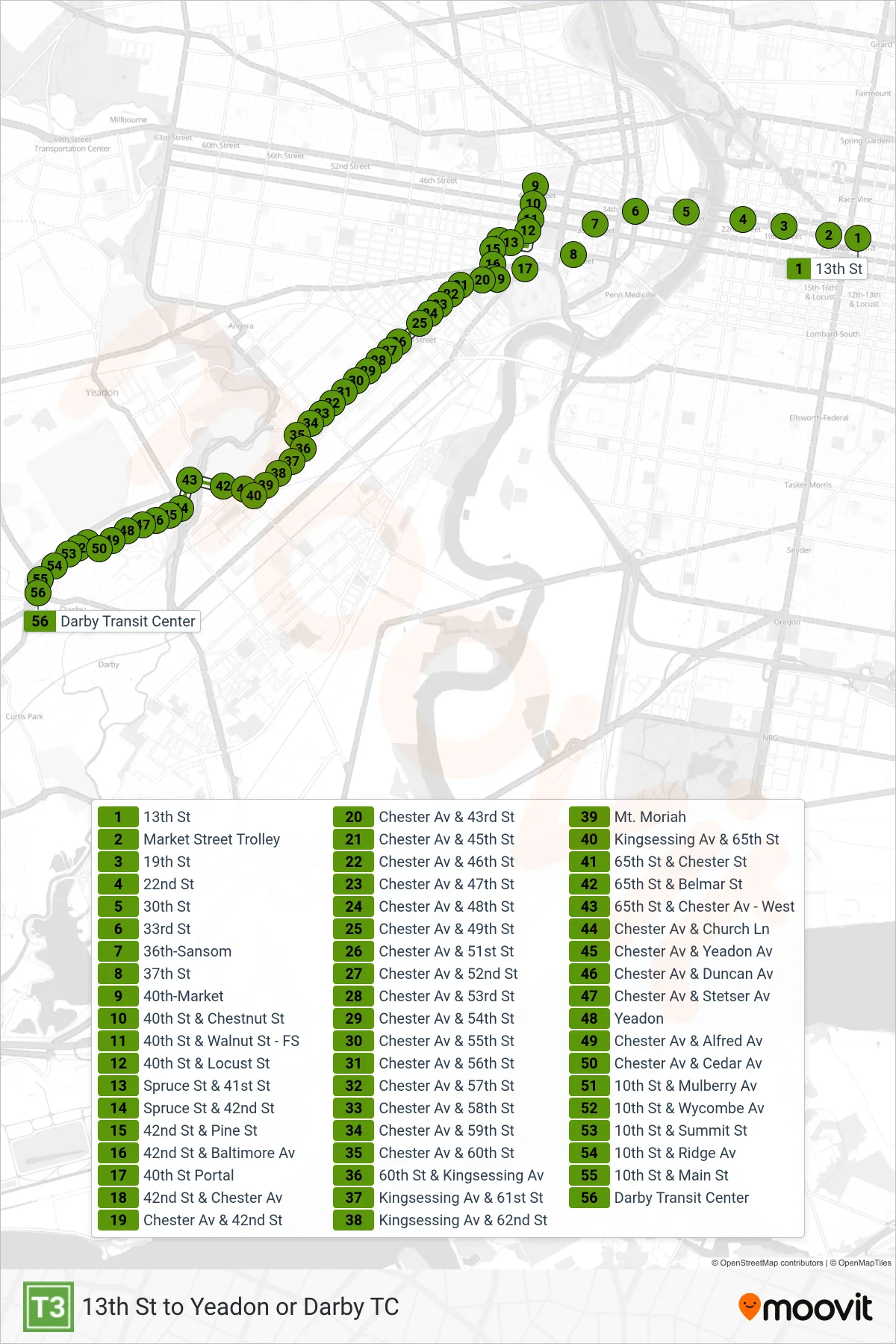 T3 metro Line (Darby Transit Center) route and stops on a map