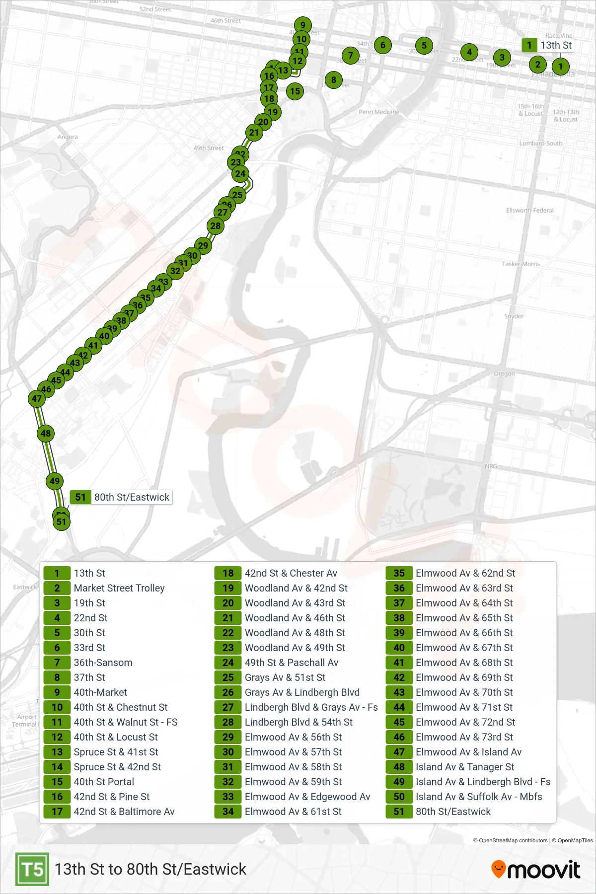 T5 metro Line (Eastwick) route and stops on a map