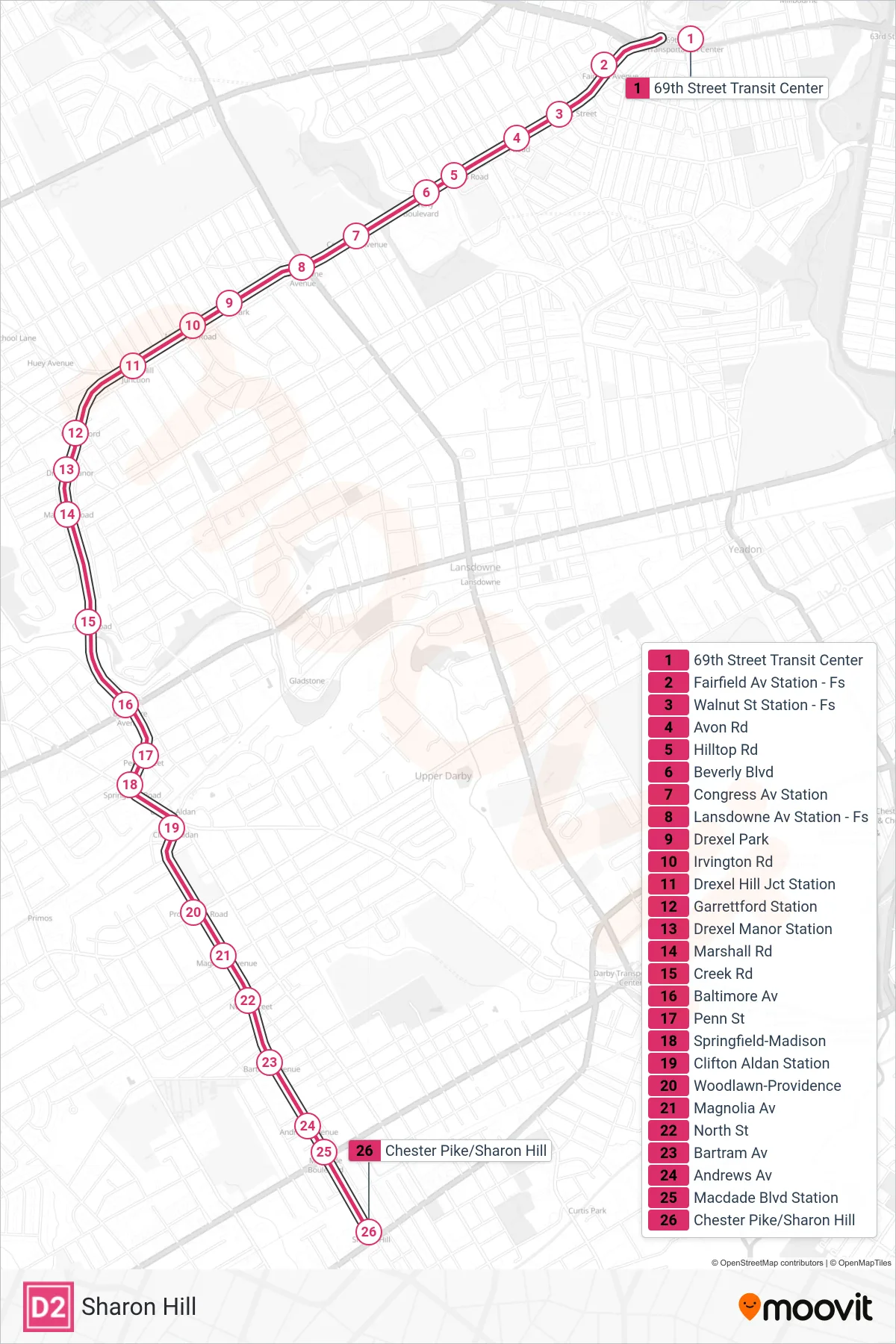 D2 metro Line (Sharon Hill) route and stops on a map
