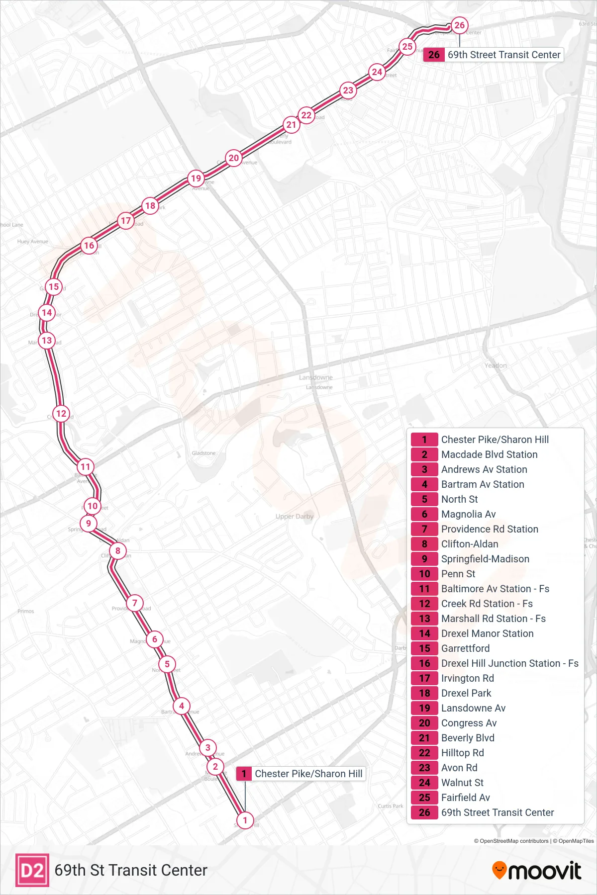 D2 metro Line (69th St Transit Center) route and stops on a map