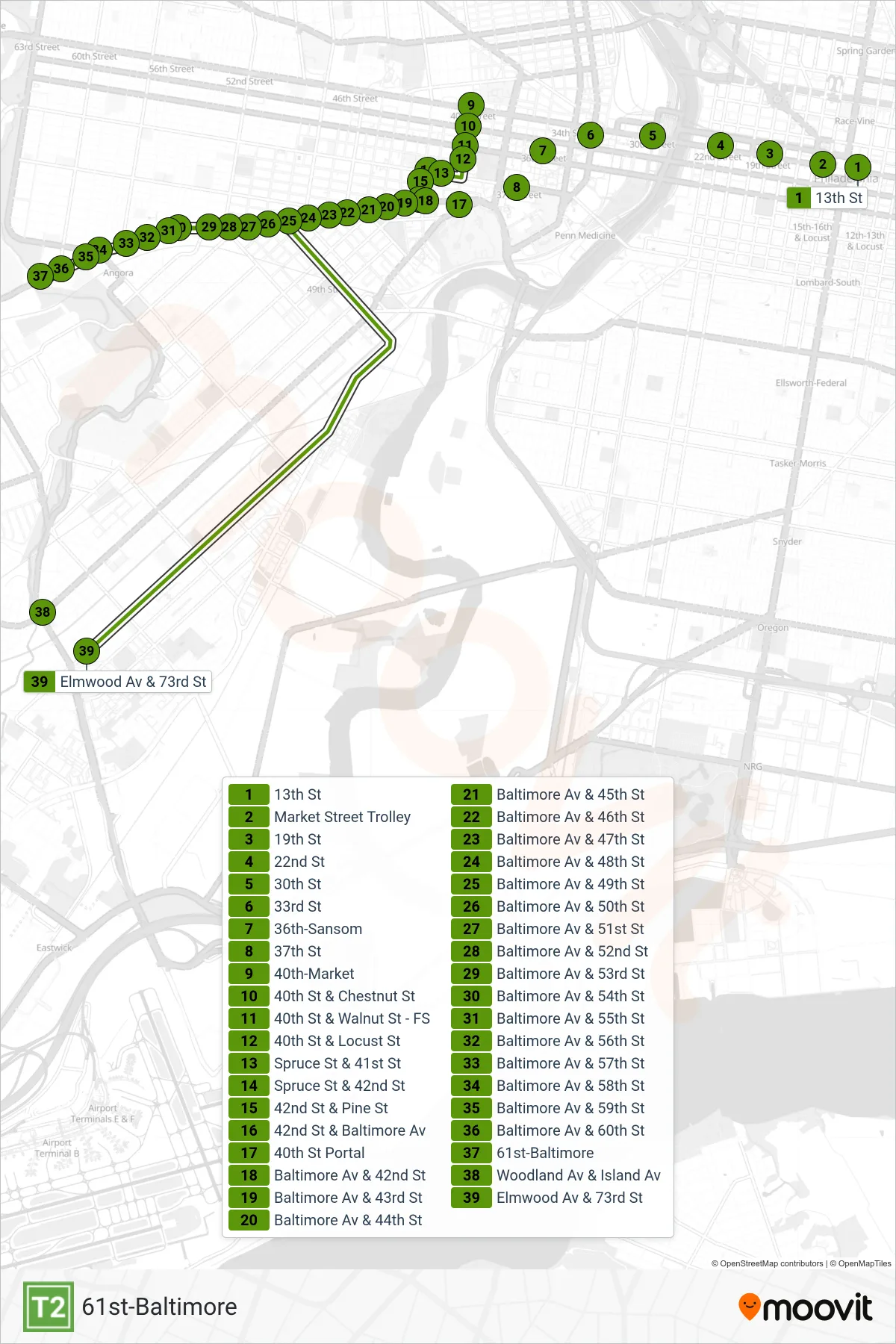 T2 metro Line (61st-Baltimore) route and stops on a map