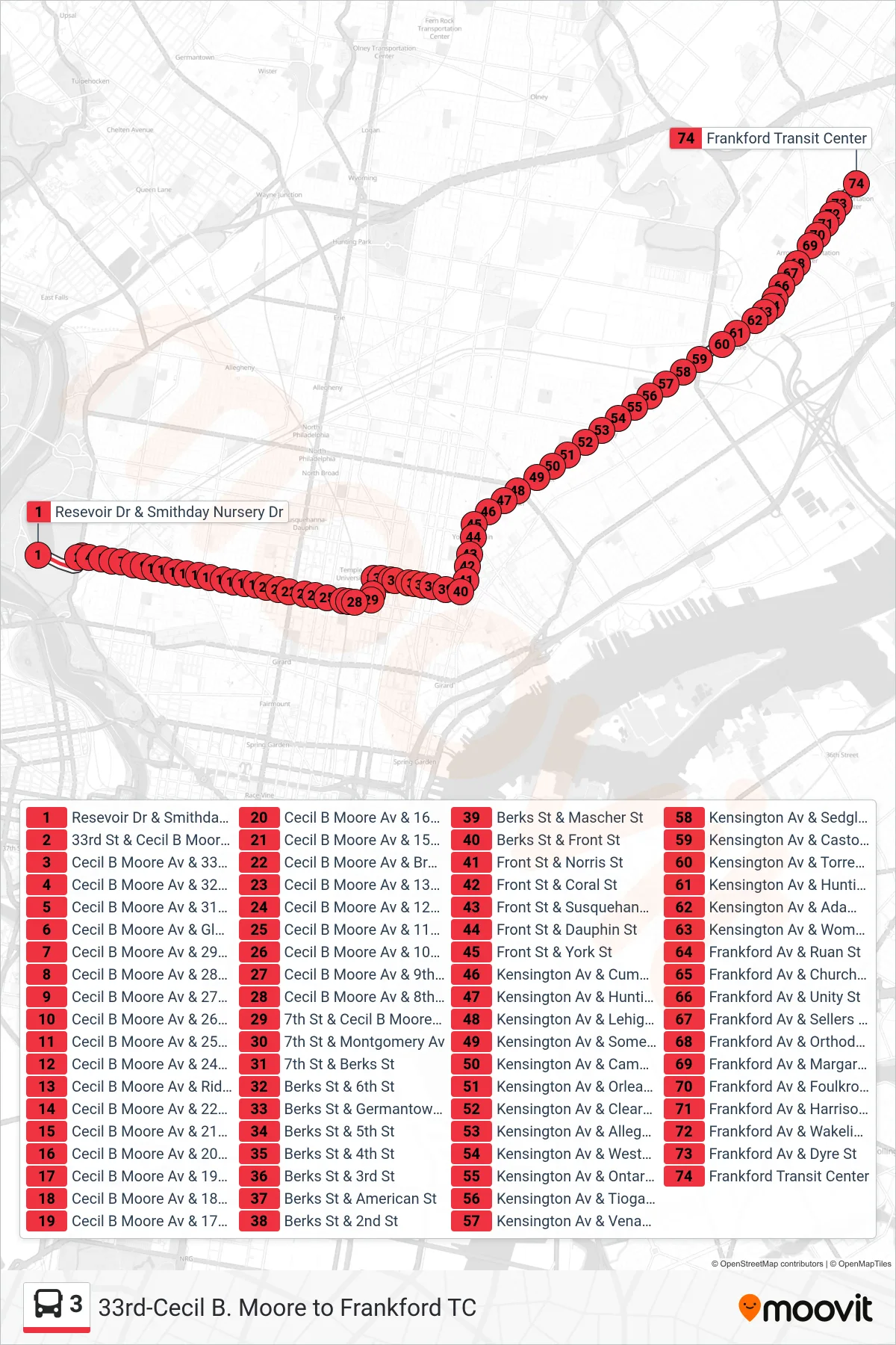 3 bus Line (Frankford Transit Center) route and stops on a map