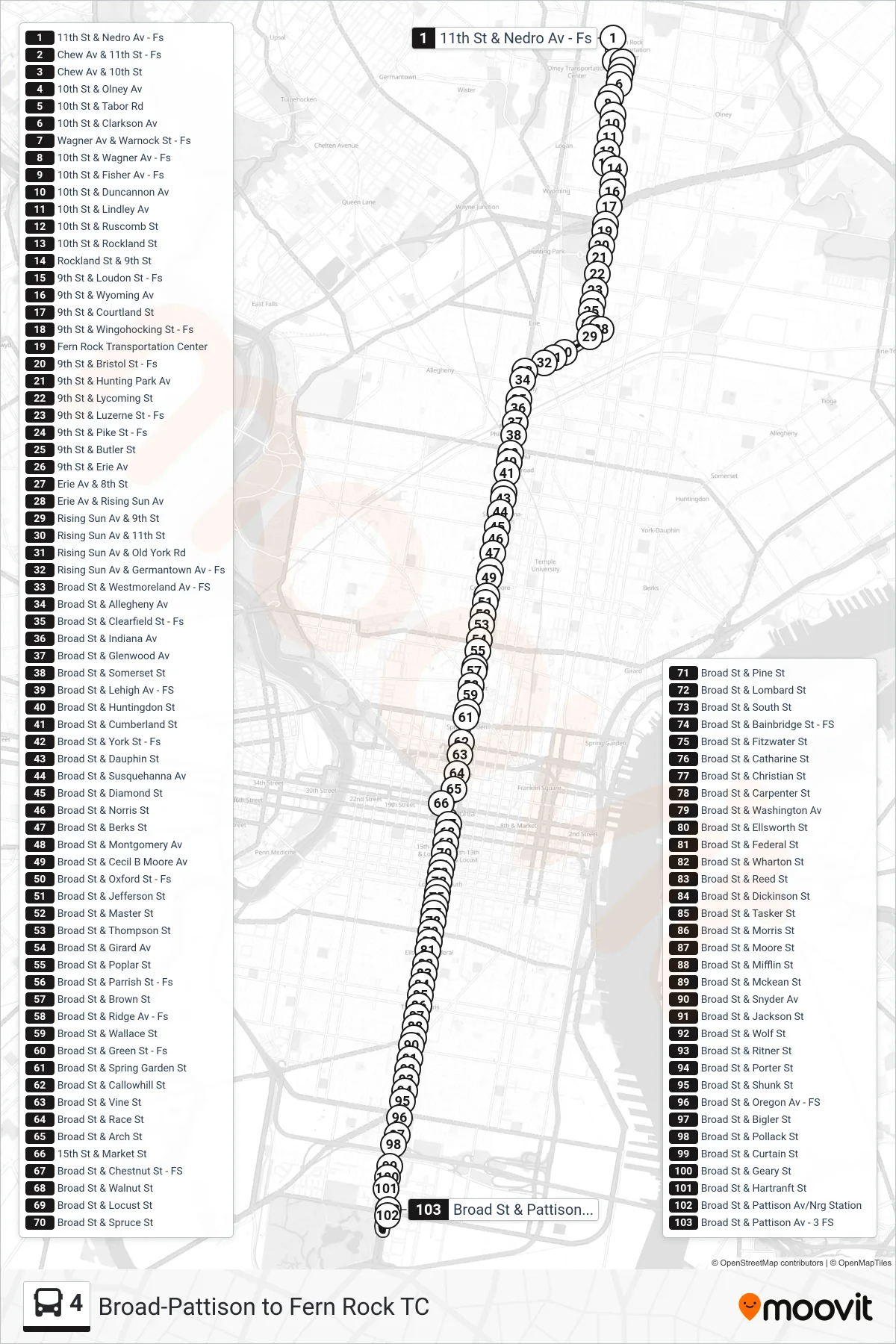 4 bus Line (Broad-Pattison) route and stops on a map