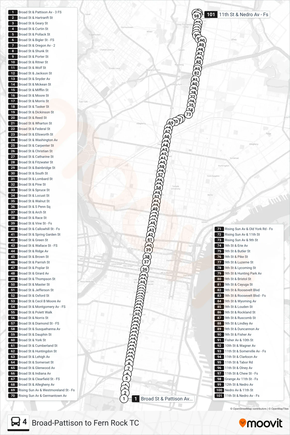4 bus Line (Fern Rock Transit Center) route and stops on a map