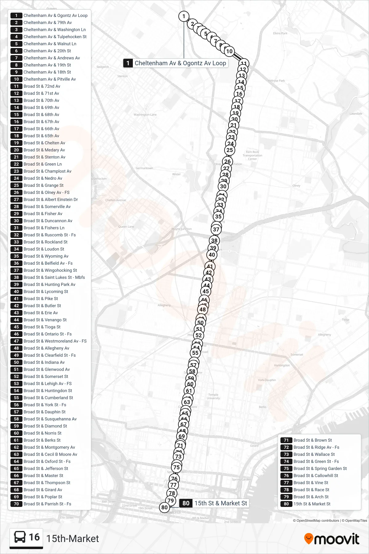 16 bus Line (15th-Market) route and stops on a map