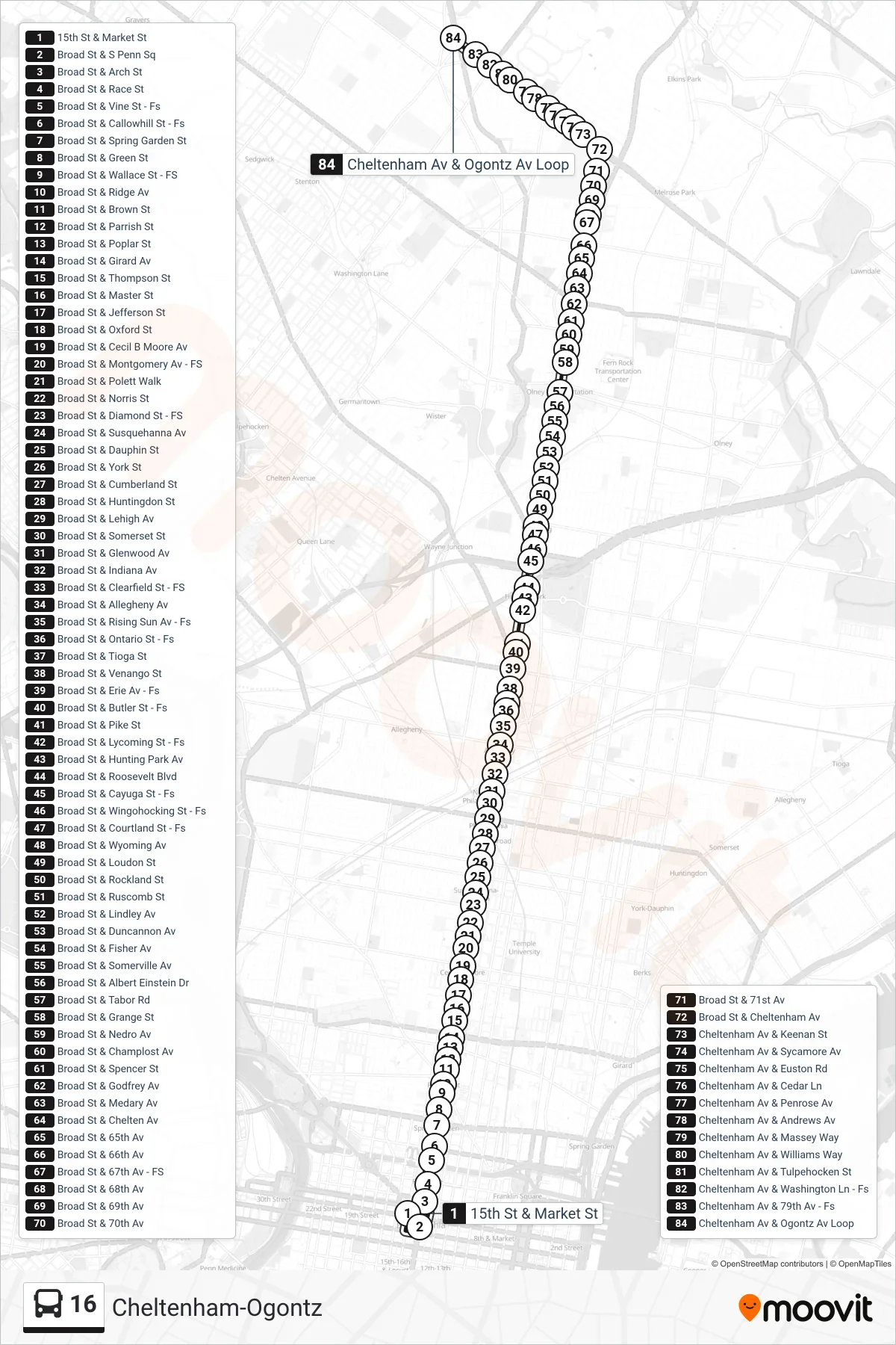 16 bus Line (Cheltenham-Ogontz) route and stops on a map