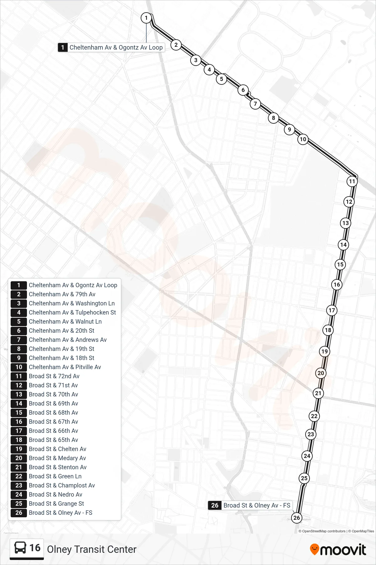 16 bus Line (Olney Transit Center) route and stops on a map