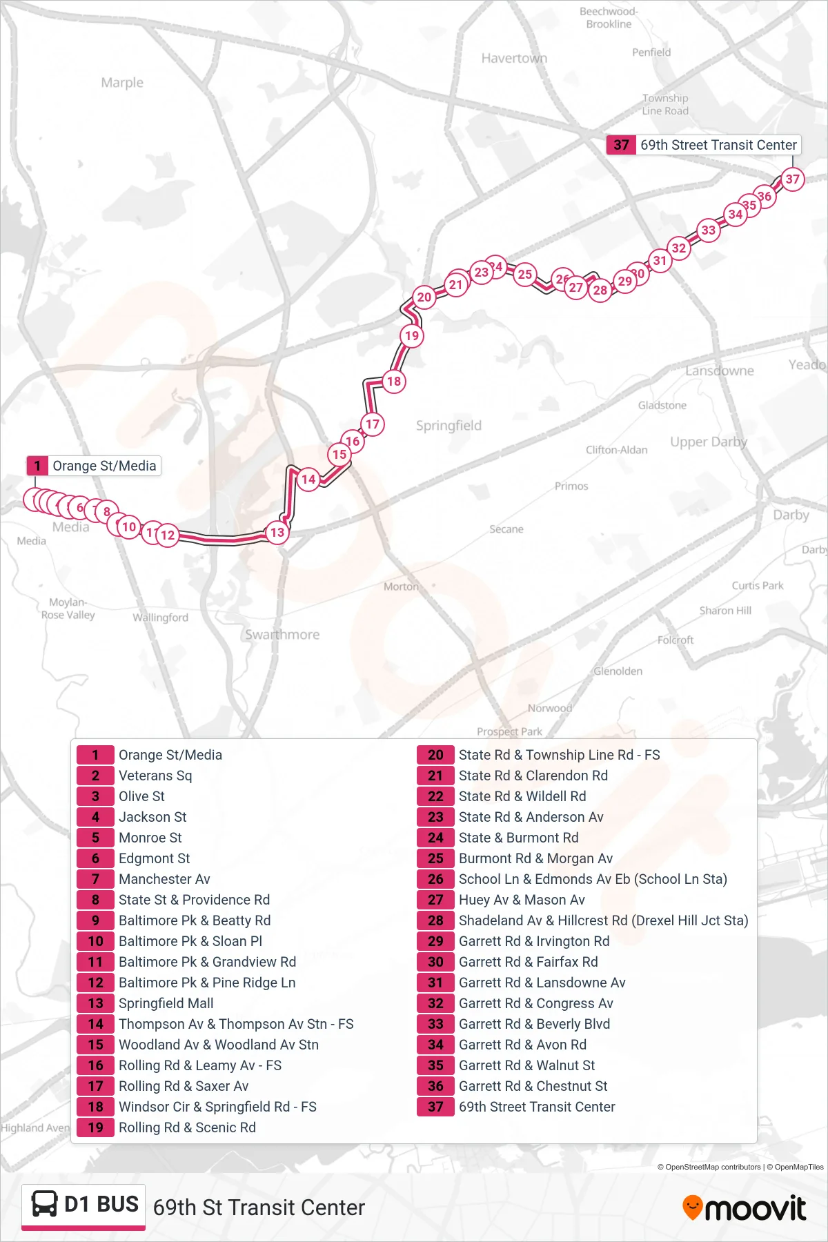 D1 BUS bus Line (69th St Transit Center) route and stops on a map
