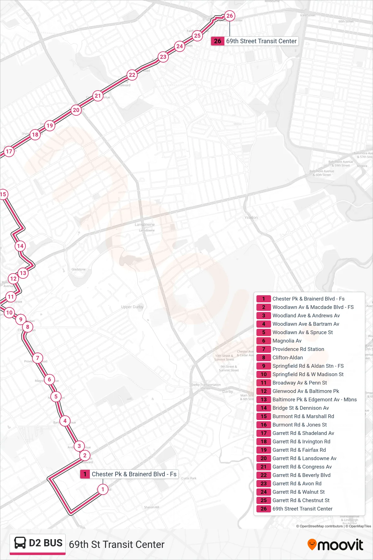 D2 BUS bus Line (69th St Transit Center) route and stops on a map