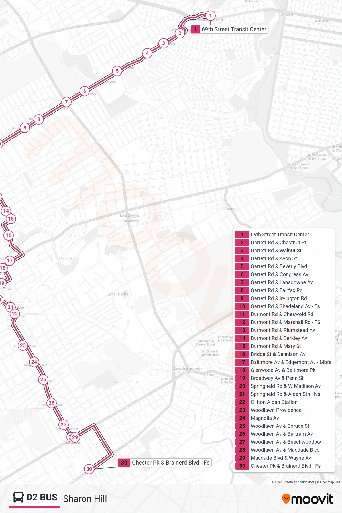 D2 BUS bus Line (Sharon Hill) route and stops on a map