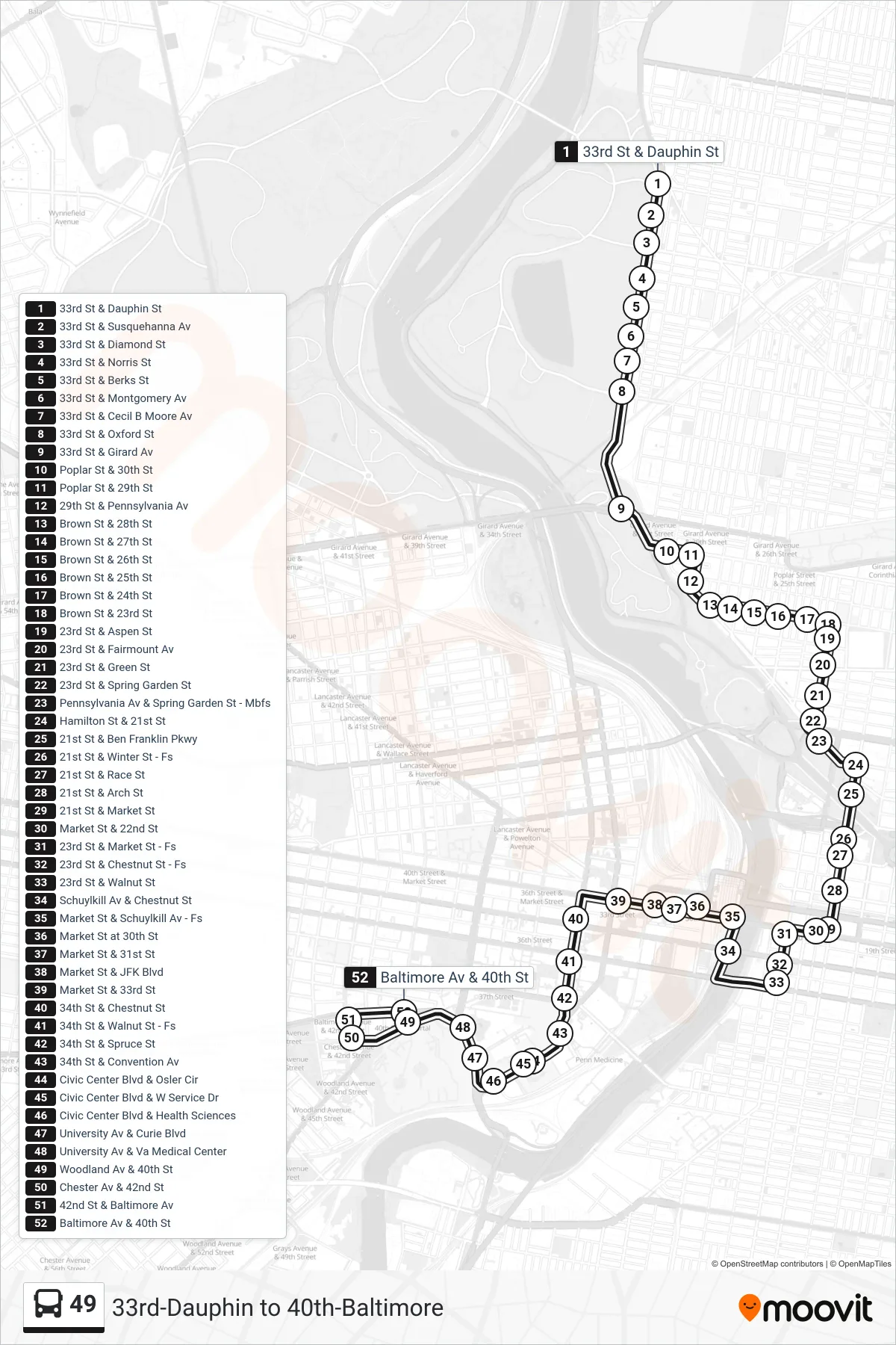 49 bus Line (40th-Baltimore) route and stops on a map
