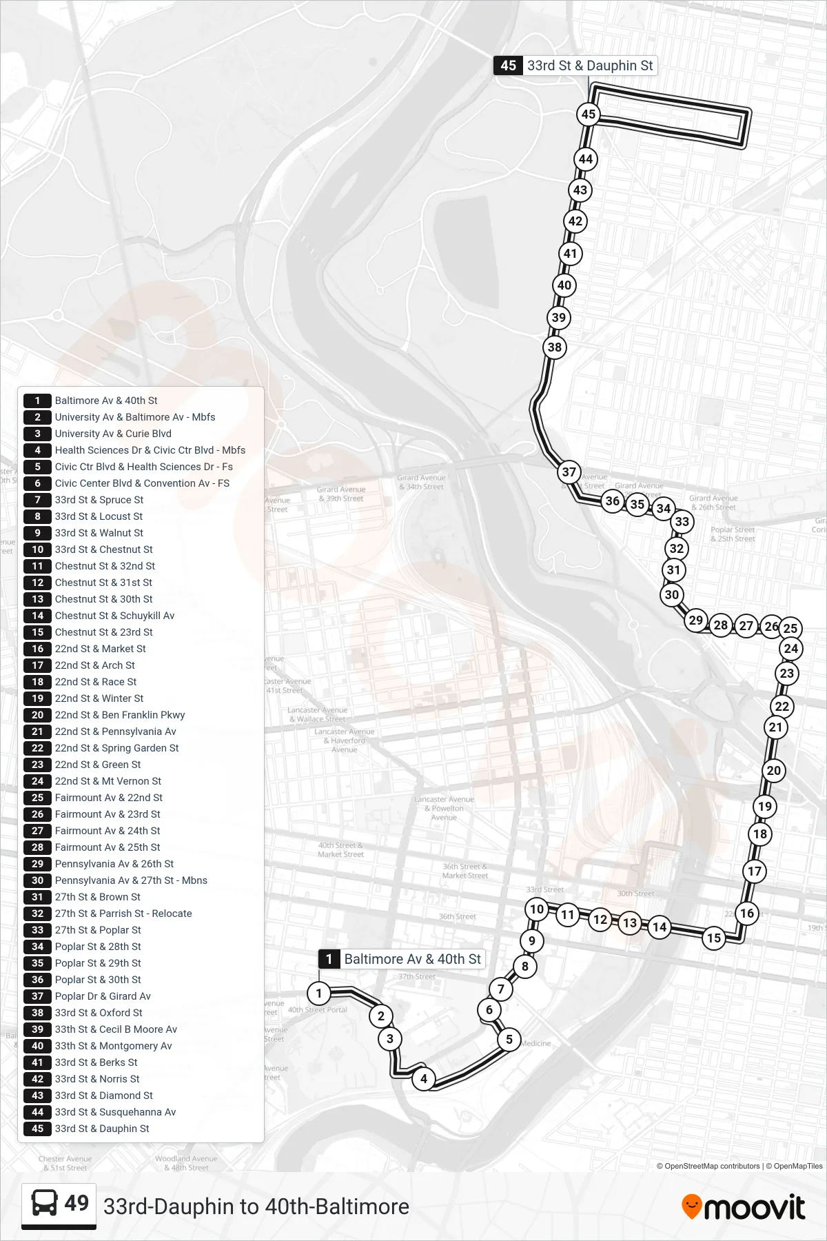 49 bus Line (33rd-Dauphin) route and stops on a map