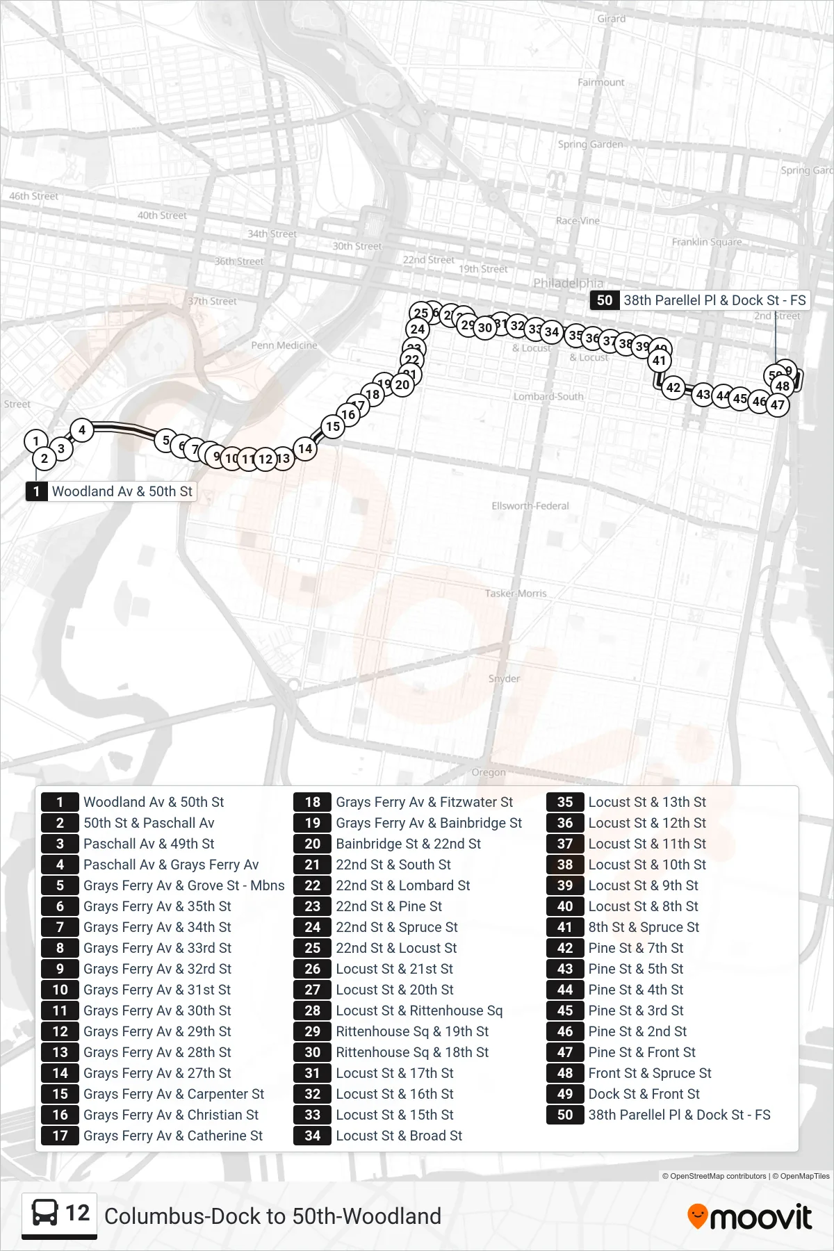12 bus Line (2nd-Spruce) route and stops on a map