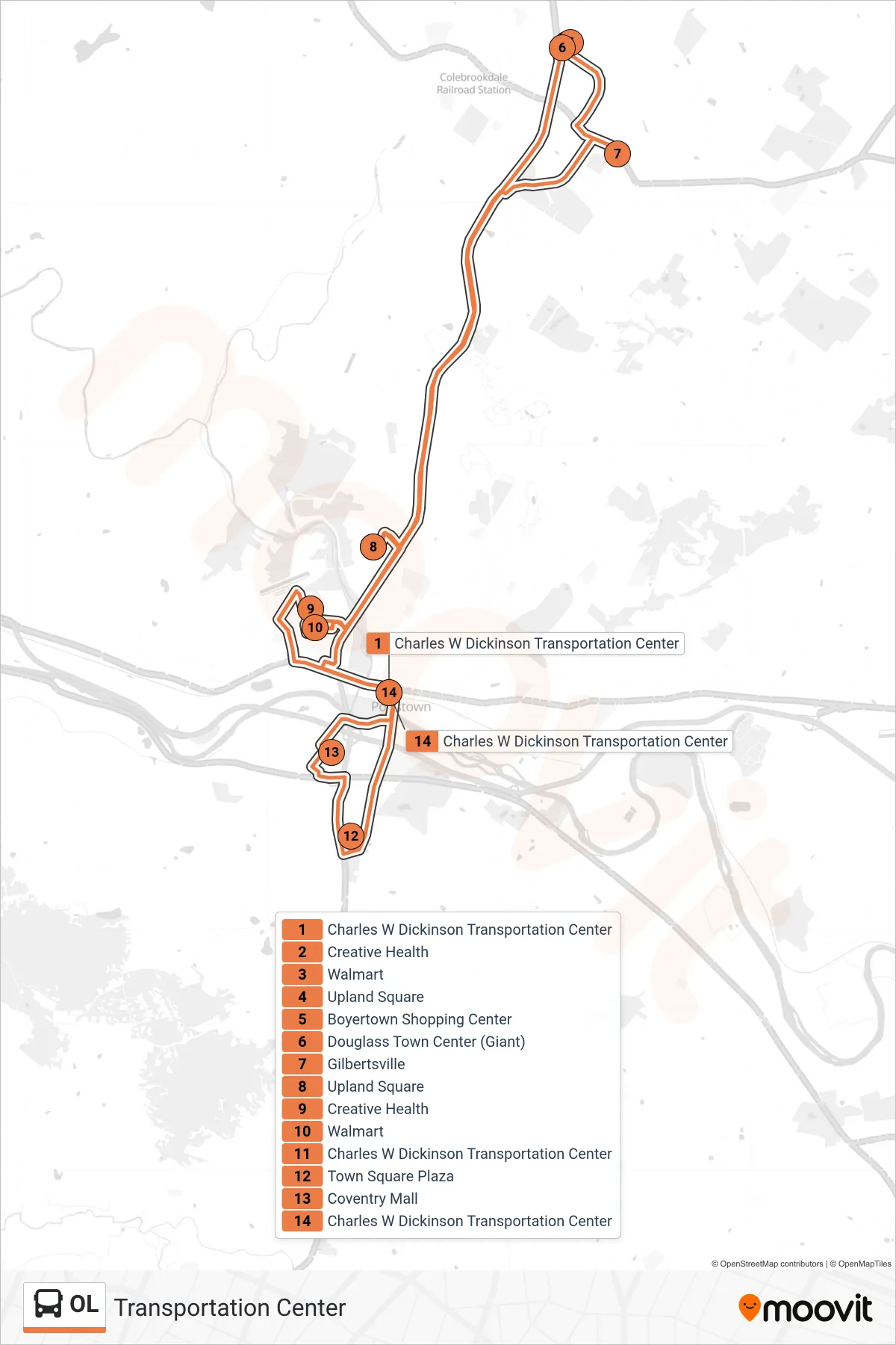 OL bus Line (Transportation Center) route and stops on a map