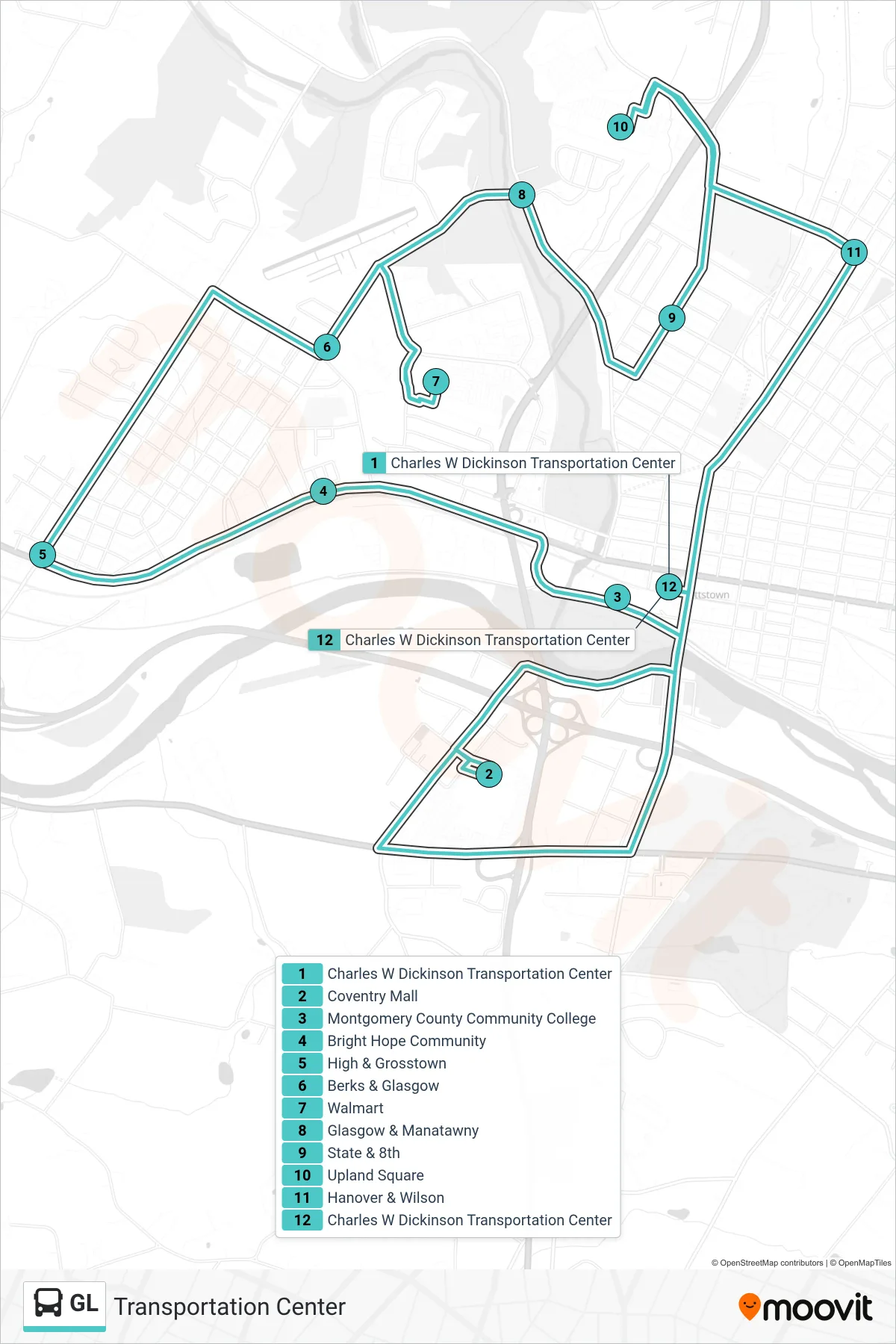 GL bus Line (Transportation Center) route and stops on a map