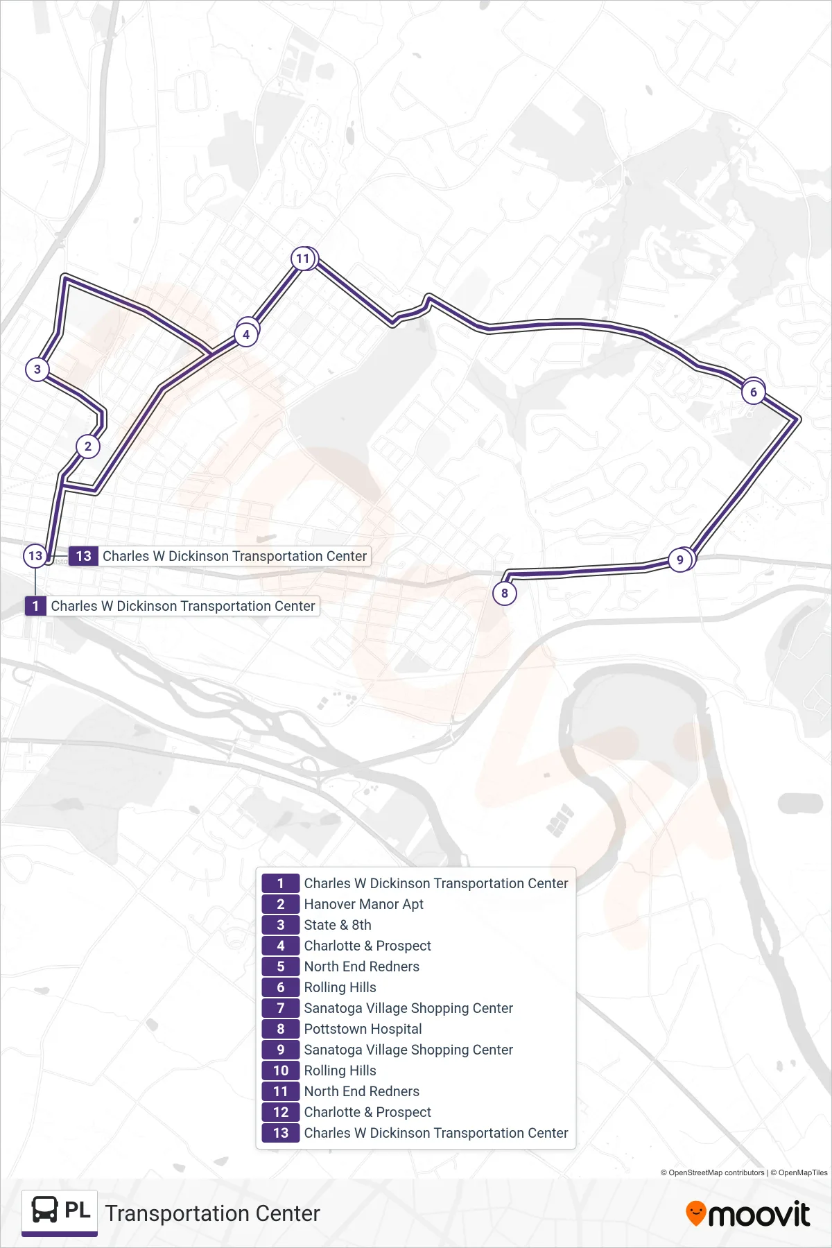 PL bus Line (Transportation Center) route and stops on a map