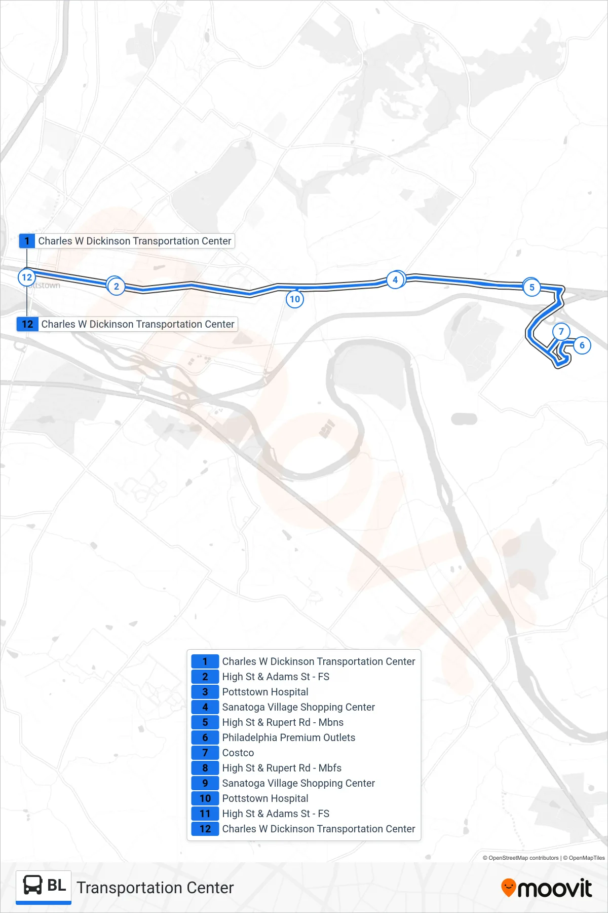 BL bus Line (Transportation Center) route and stops on a map