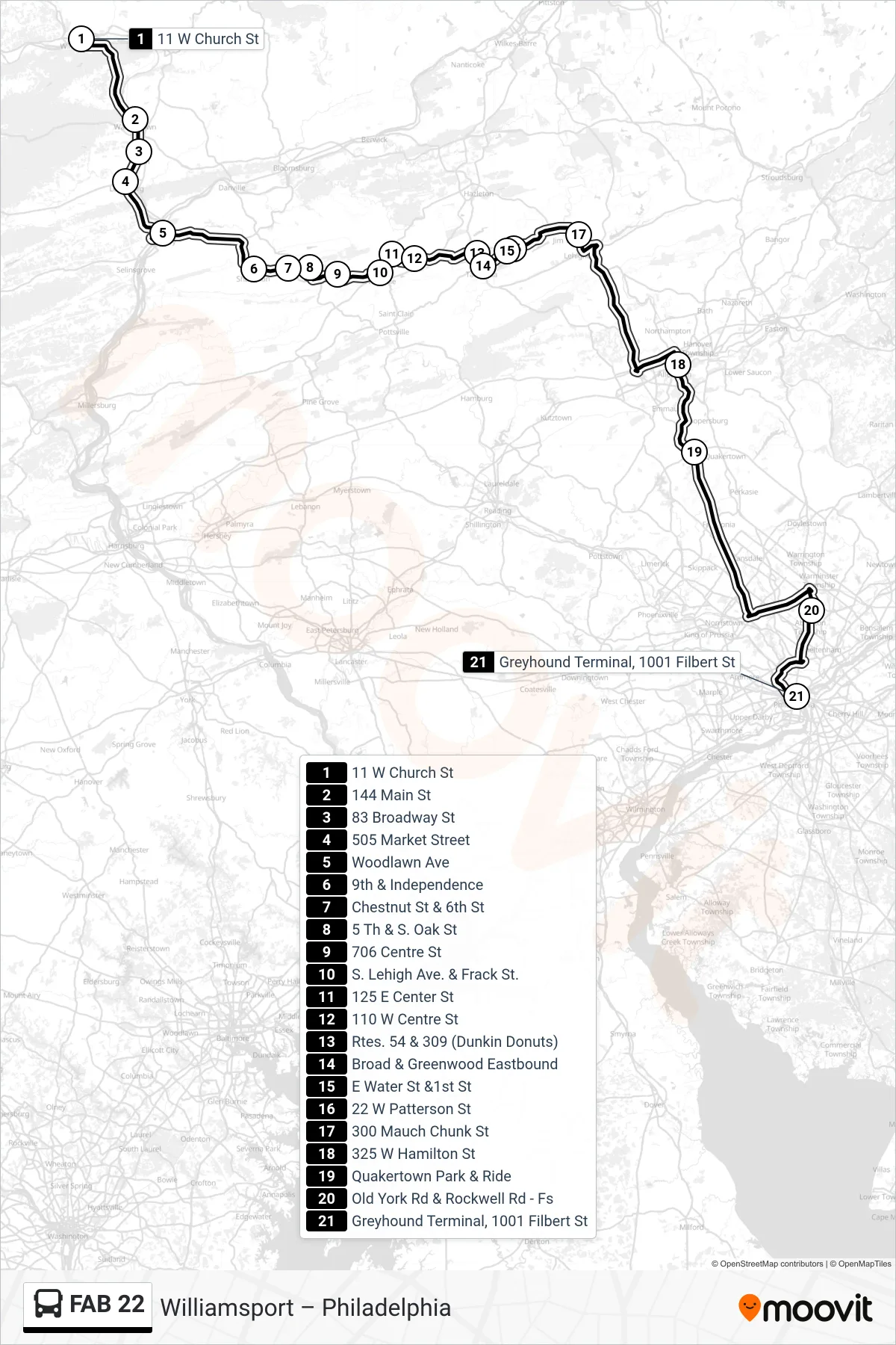 FAB 22 bus Line (Philadelphia) route and stops on a map