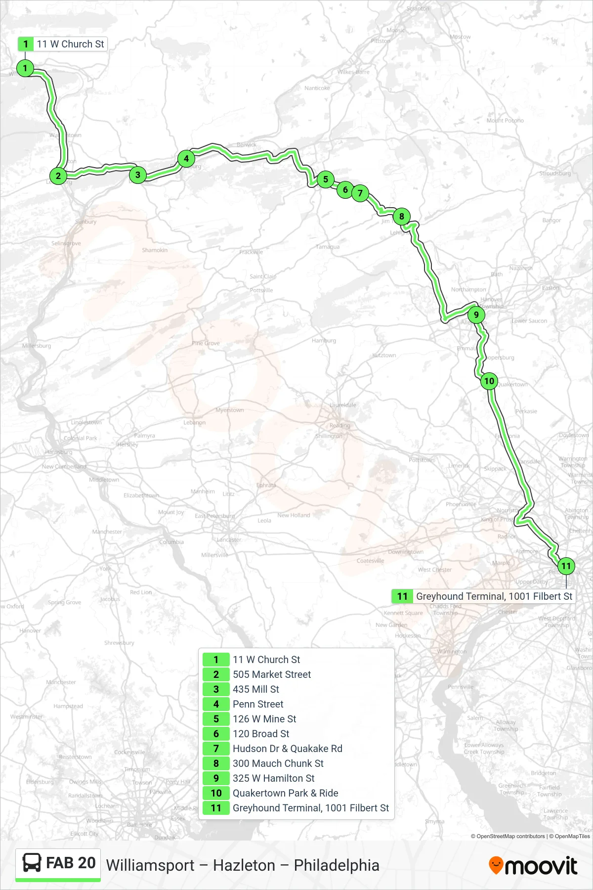 FAB 20 bus Line (Philadelphia) route and stops on a map