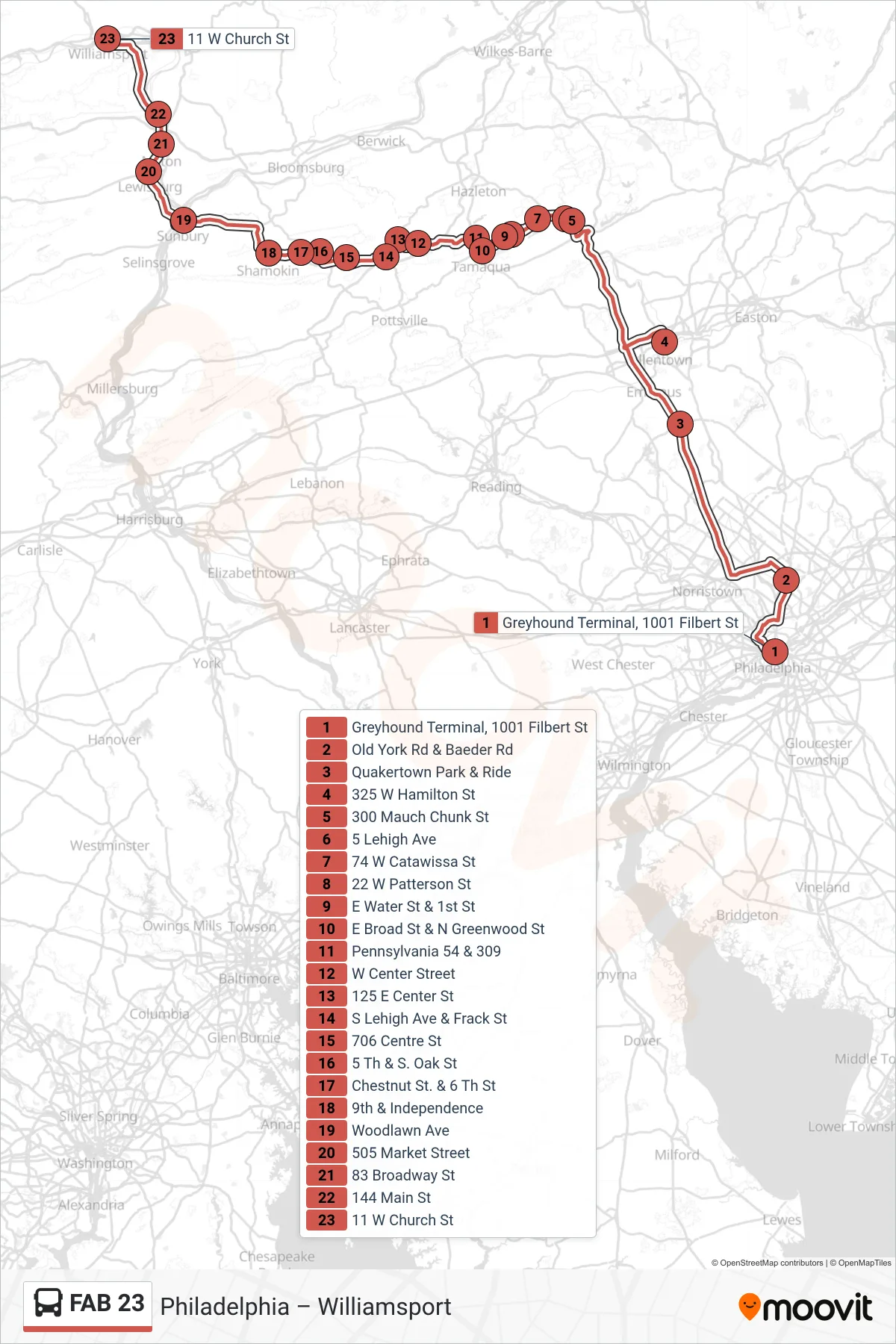 FAB 23 bus Line (Williamsport) route and stops on a map