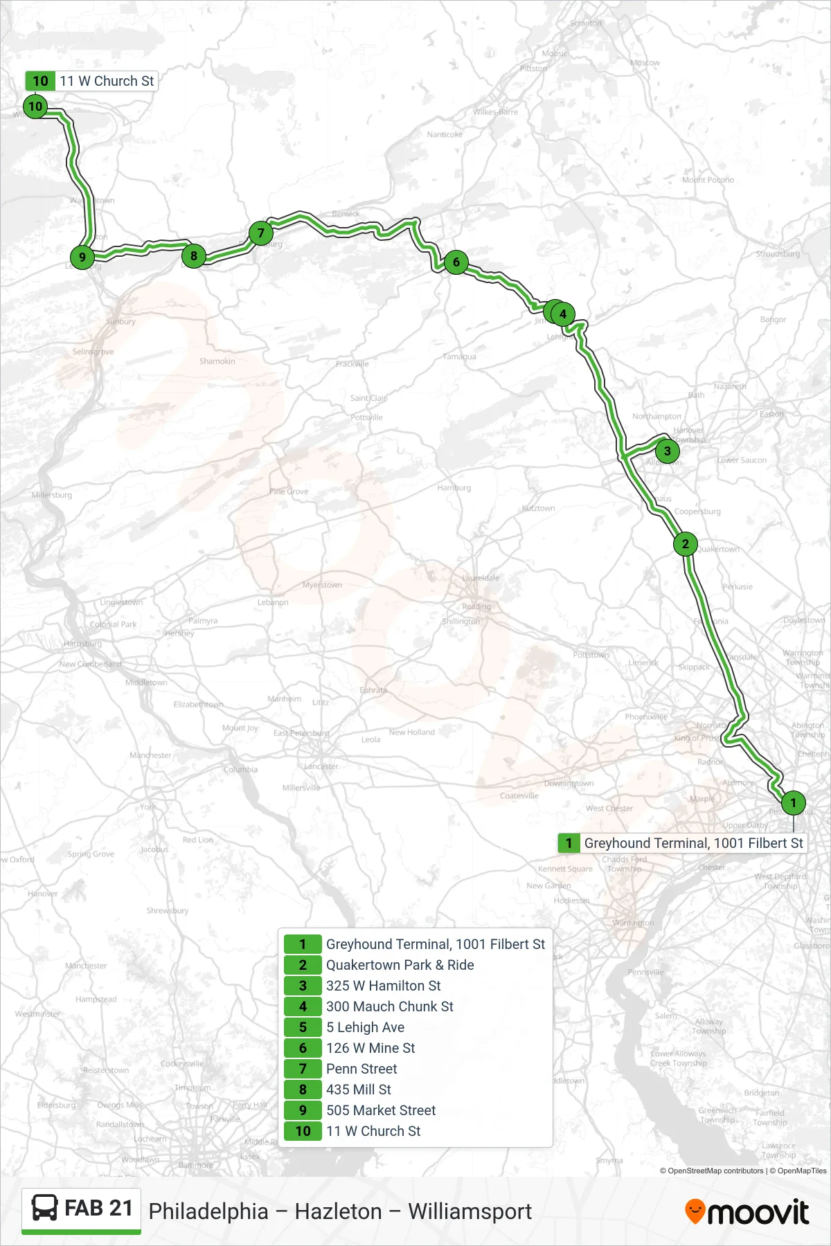 FAB 21 bus Line (Williamsport) route and stops on a map