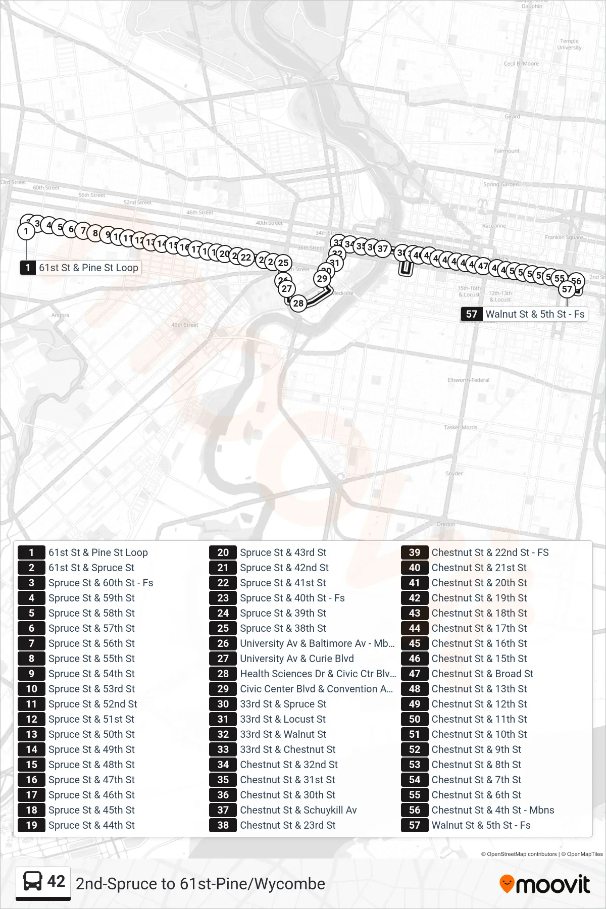 42 bus Line (5th-Walnut) route and stops on a map