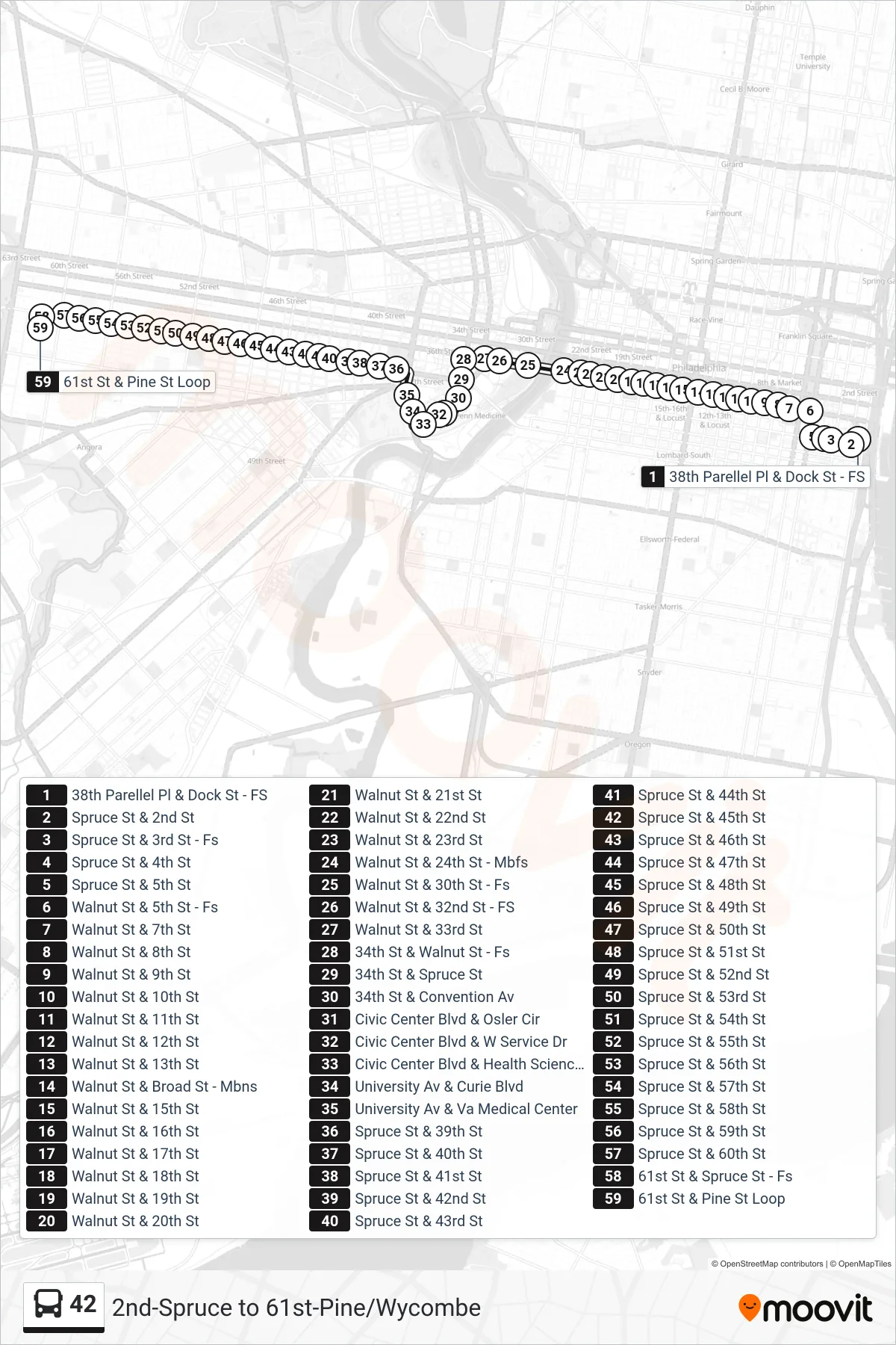 42 bus Line (61st-Pine) route and stops on a map