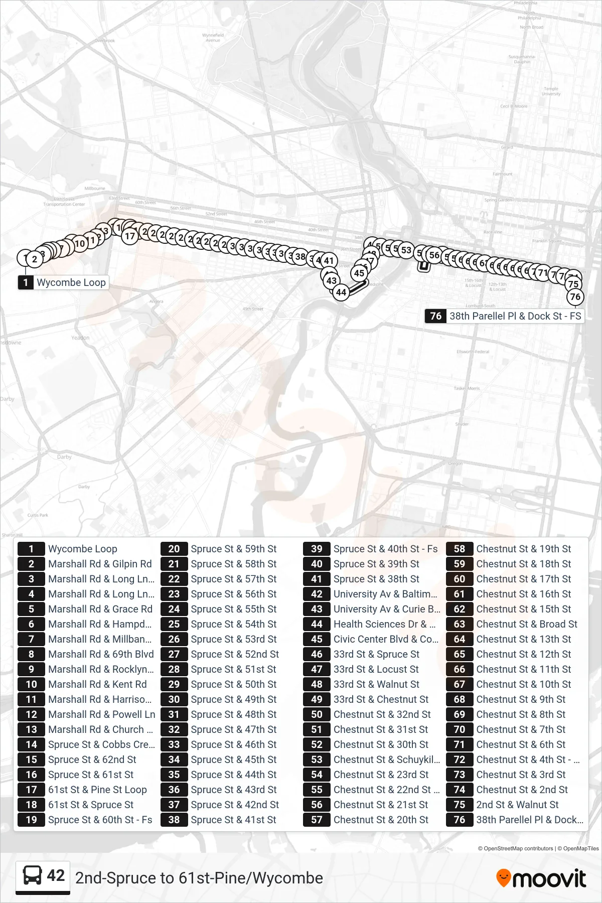 42 bus Line (2nd-Spruce) route and stops on a map
