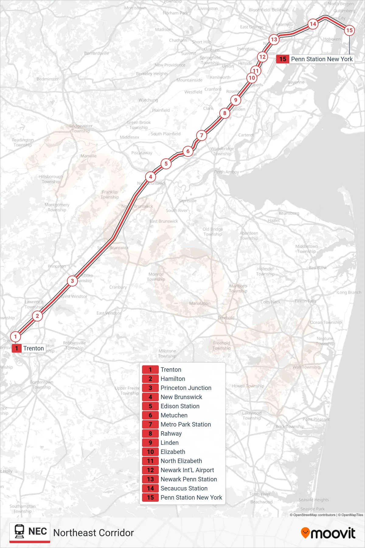 NEC train Line (Penn Station) route and stops on a map
