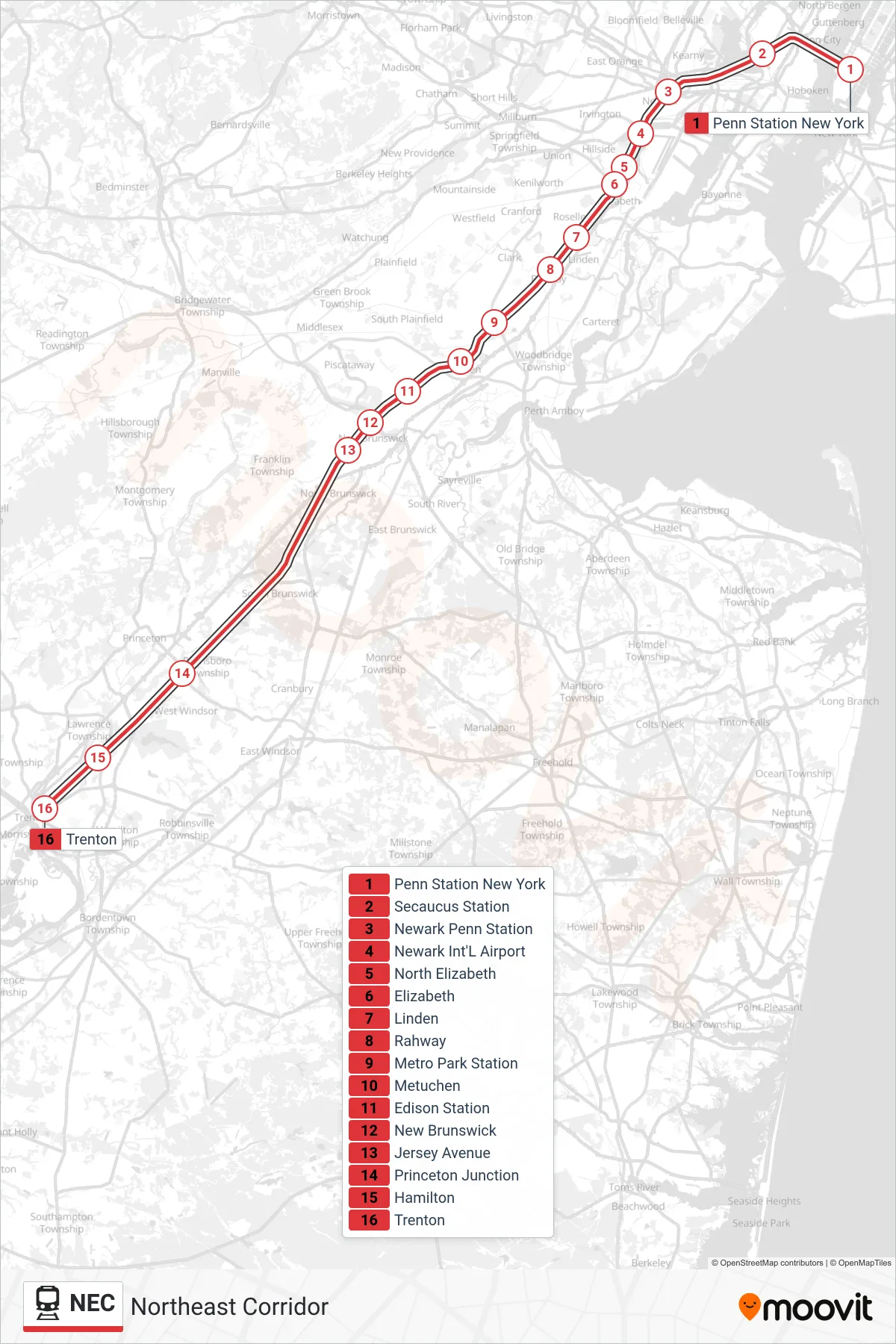 NEC train Line (Trenton) route and stops on a map