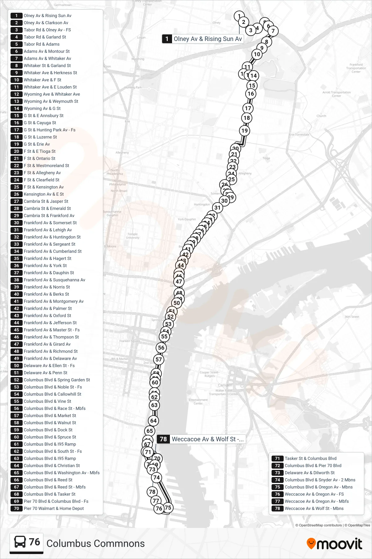 76 bus Line (Columbus Commnons) route and stops on a map