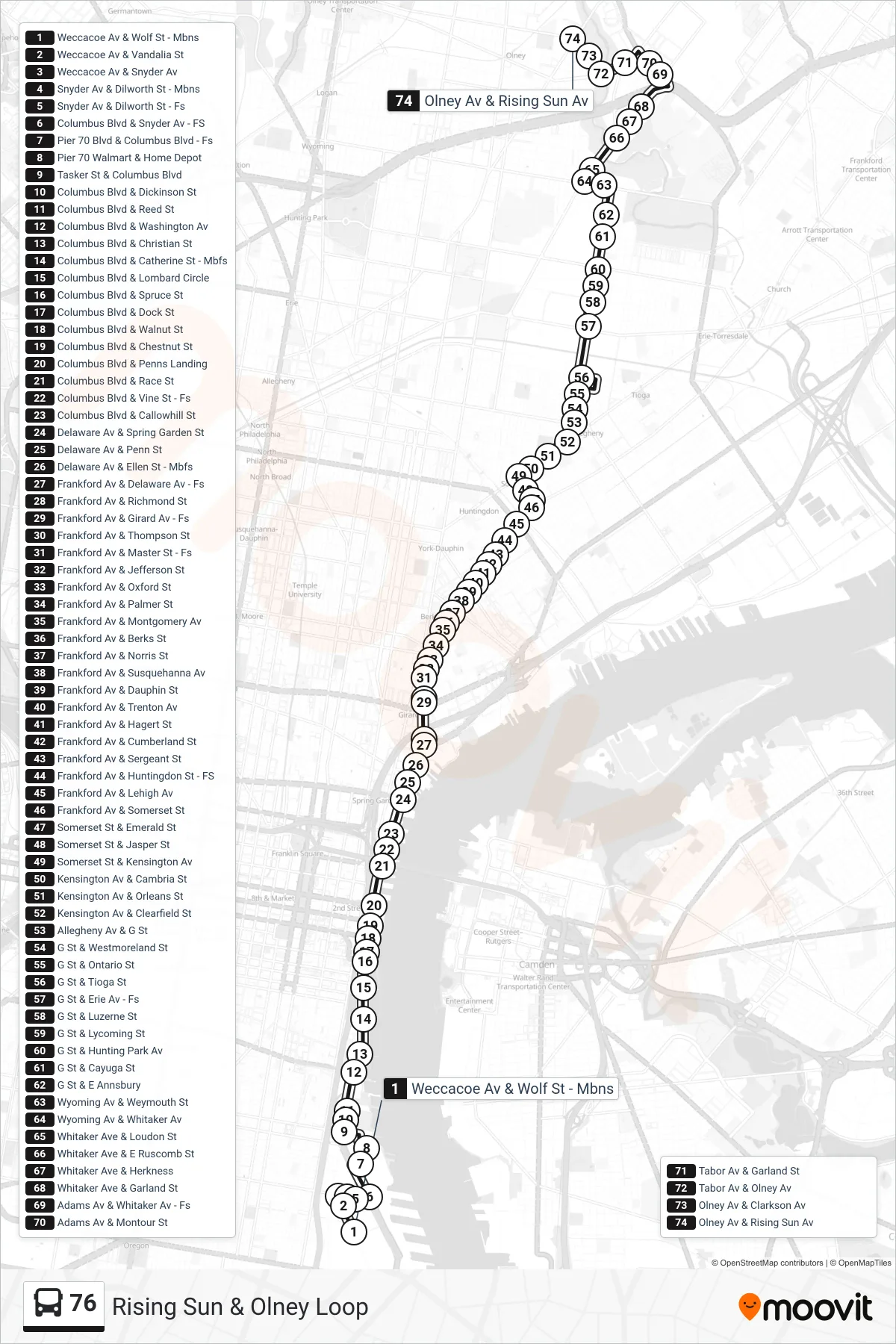 76 bus Line (Rising Sun & Olney Loop) route and stops on a map