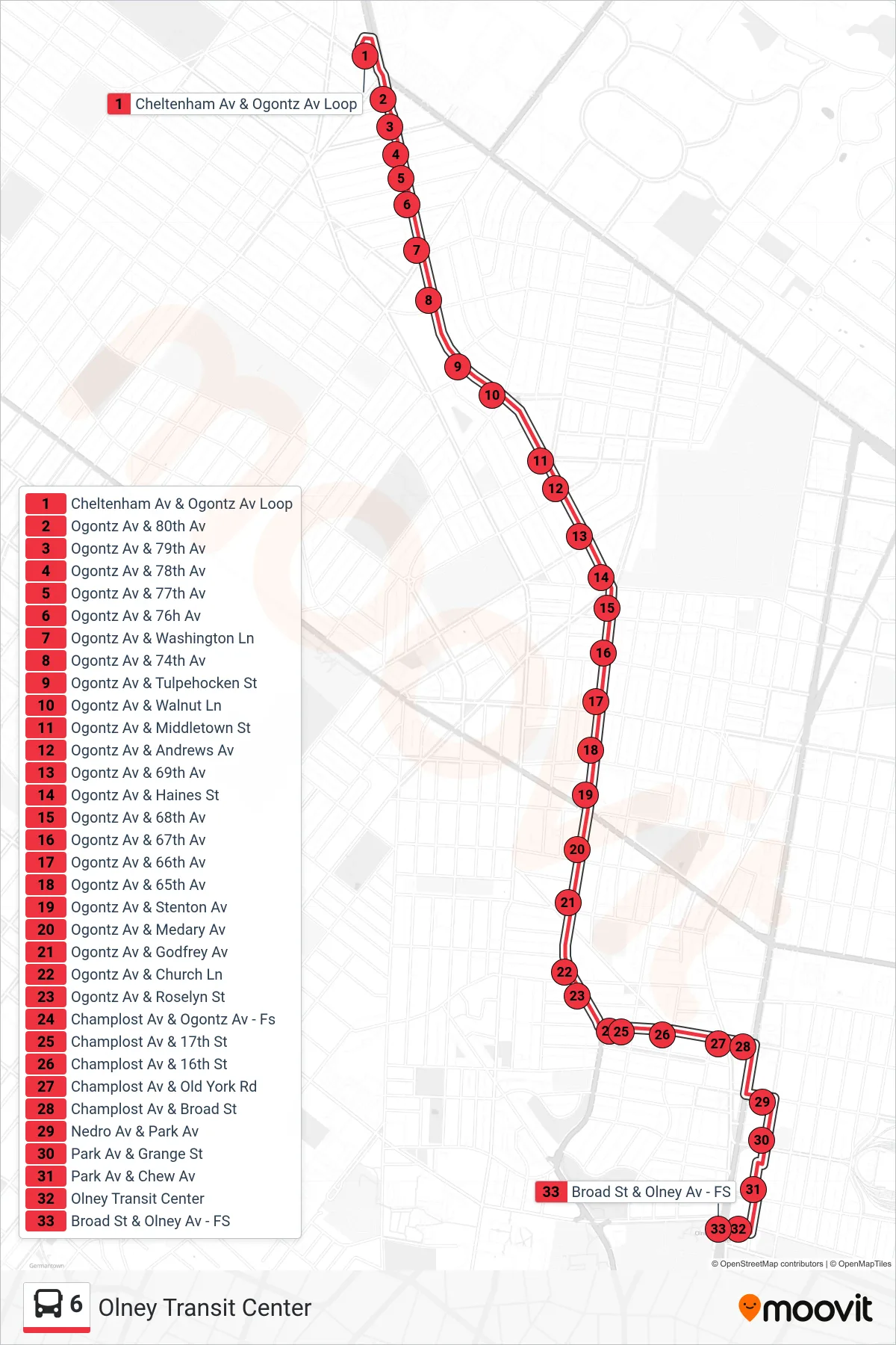 6 bus Line (Olney Transit Center) route and stops on a map