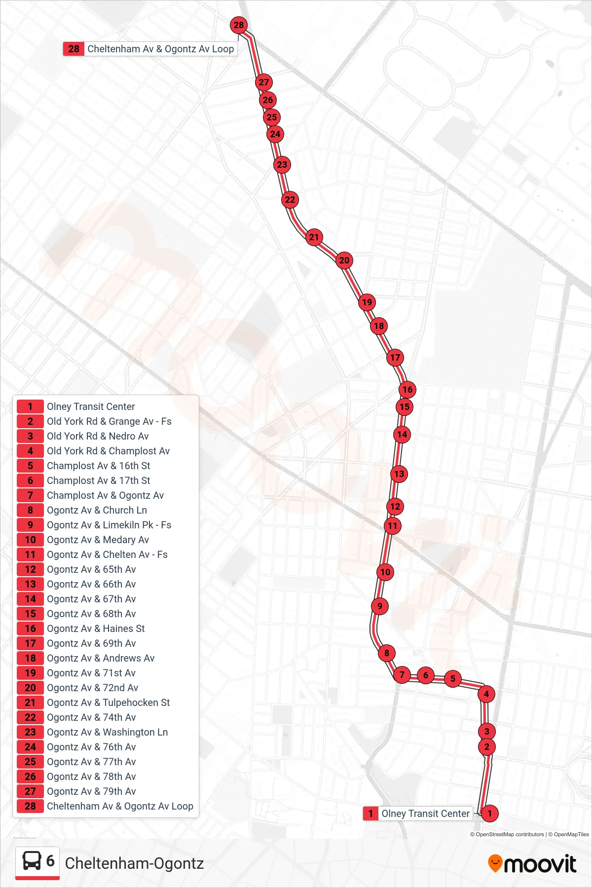 6 bus Line (Cheltenham-Ogontz) route and stops on a map