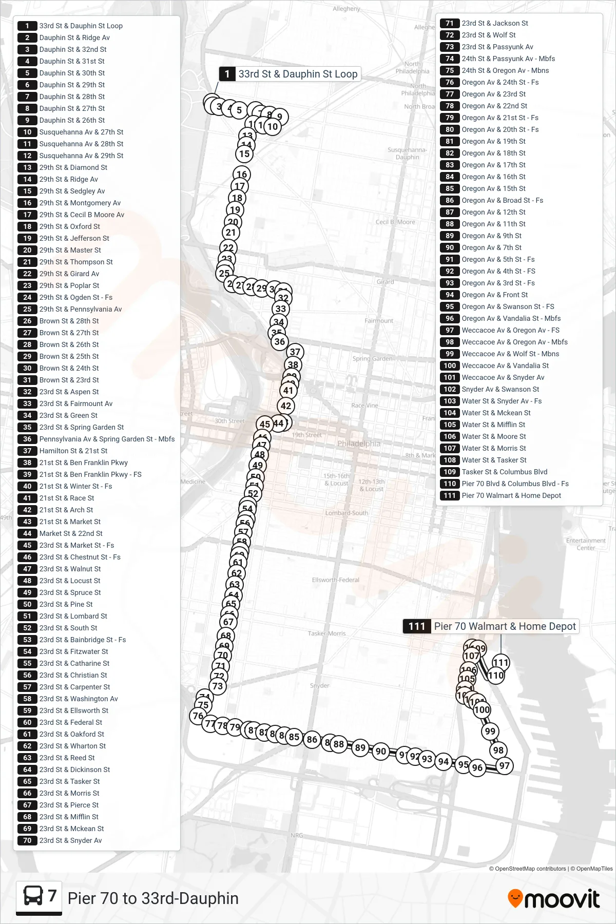 7 bus Line (Pier 70) route and stops on a map