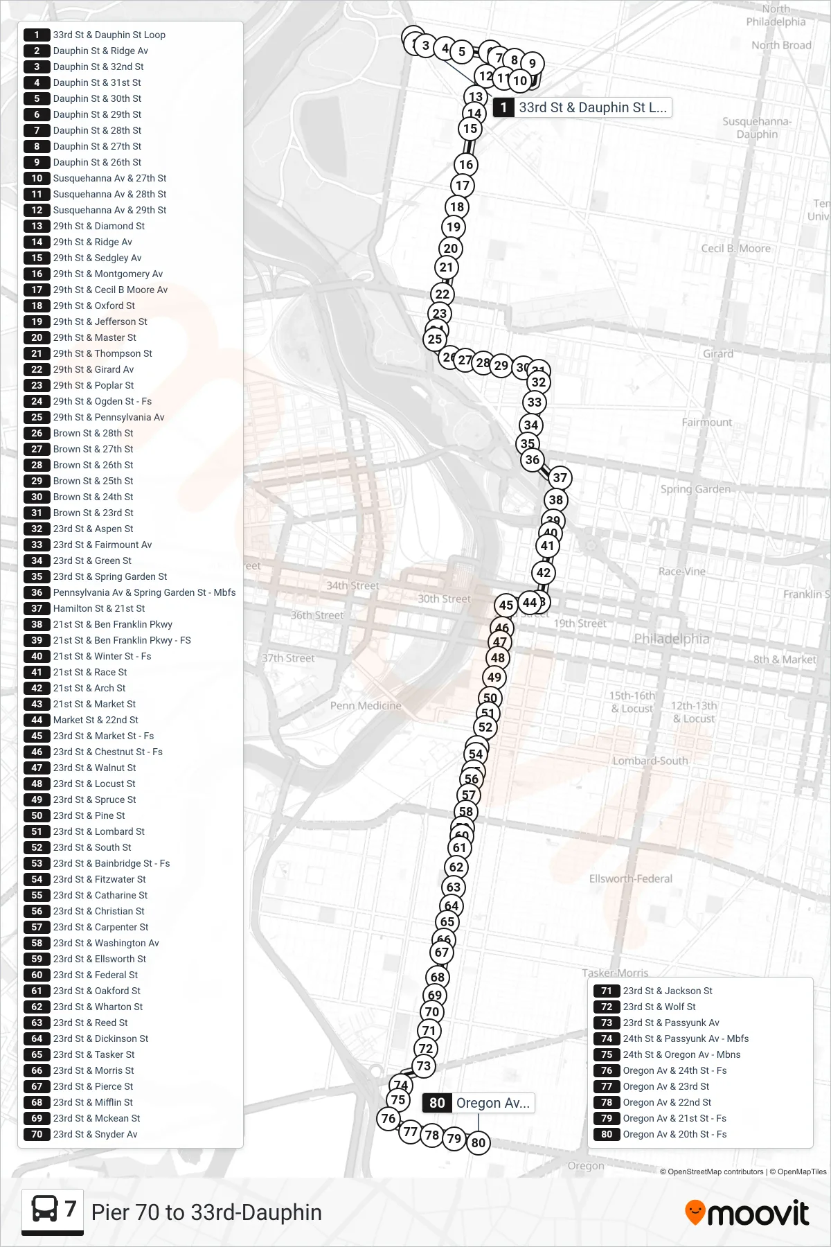 7 bus Line (21st-Oregon) route and stops on a map