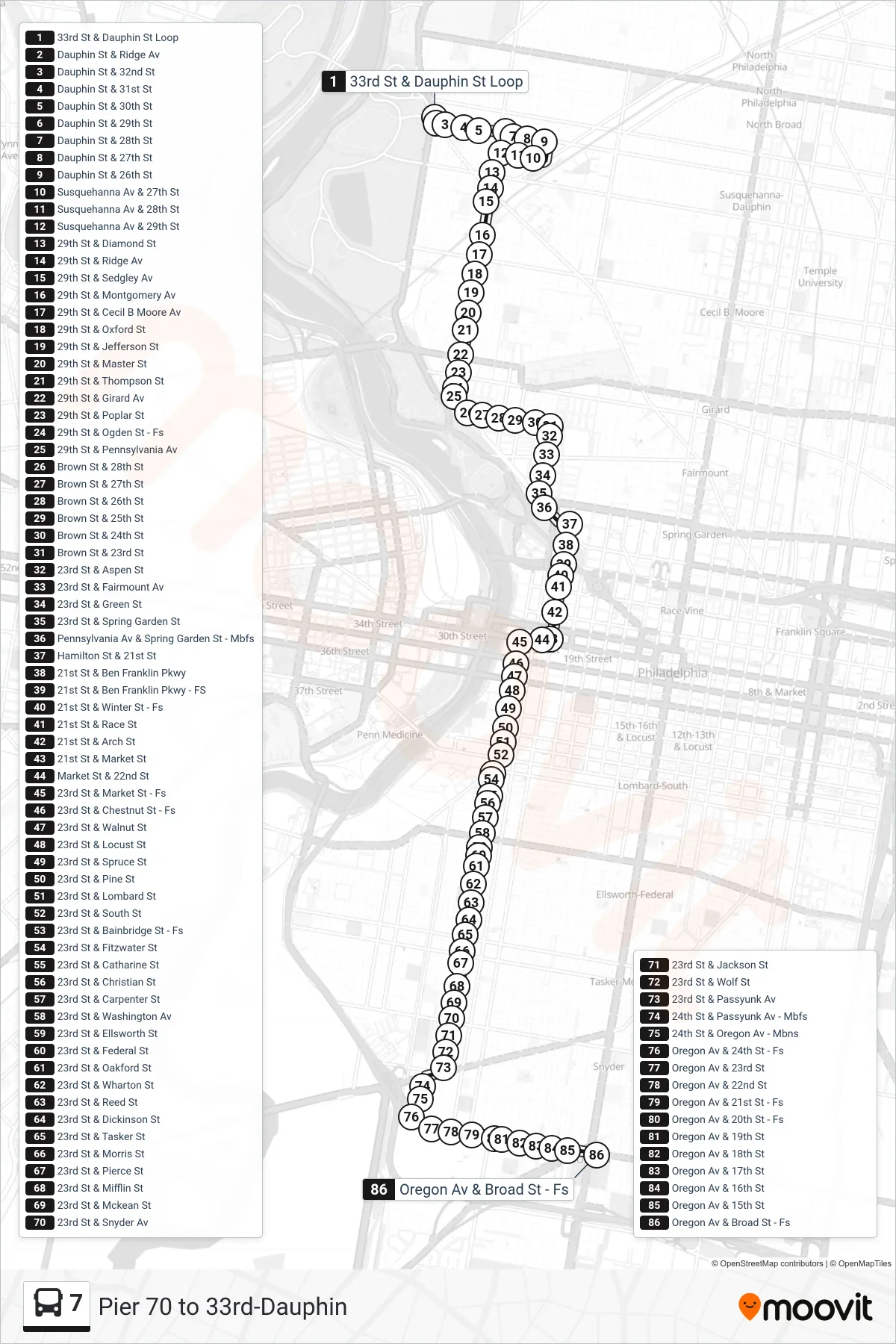 7 bus Line (Broad-Oregon) route and stops on a map