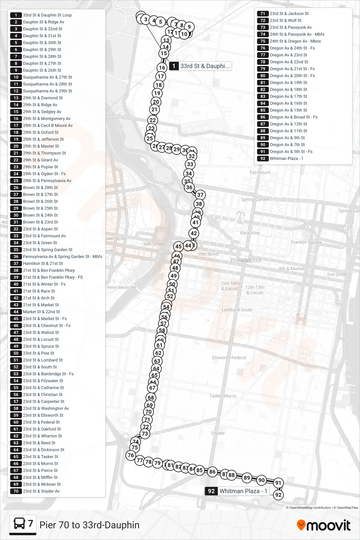7 bus Line (Whitman Plaza) route and stops on a map