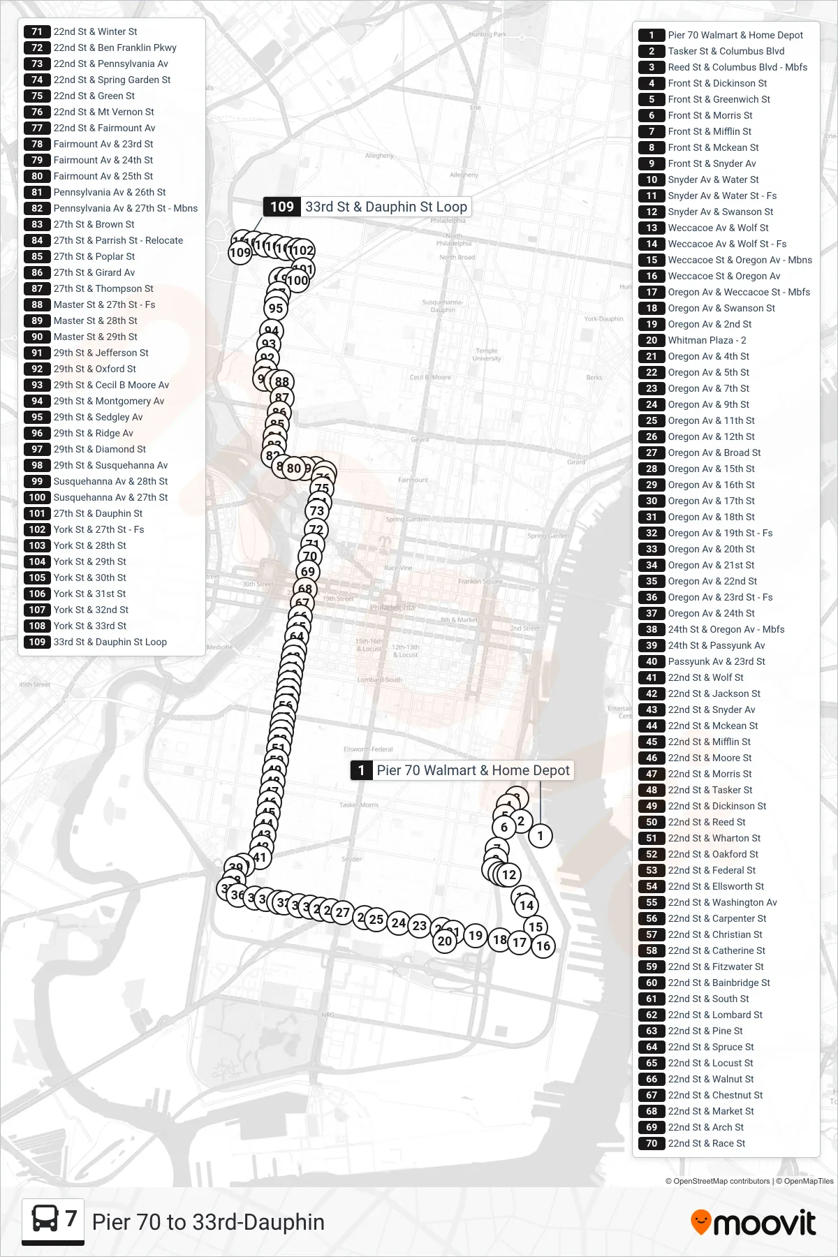 7 bus Line (33rd-Dauphin) route and stops on a map