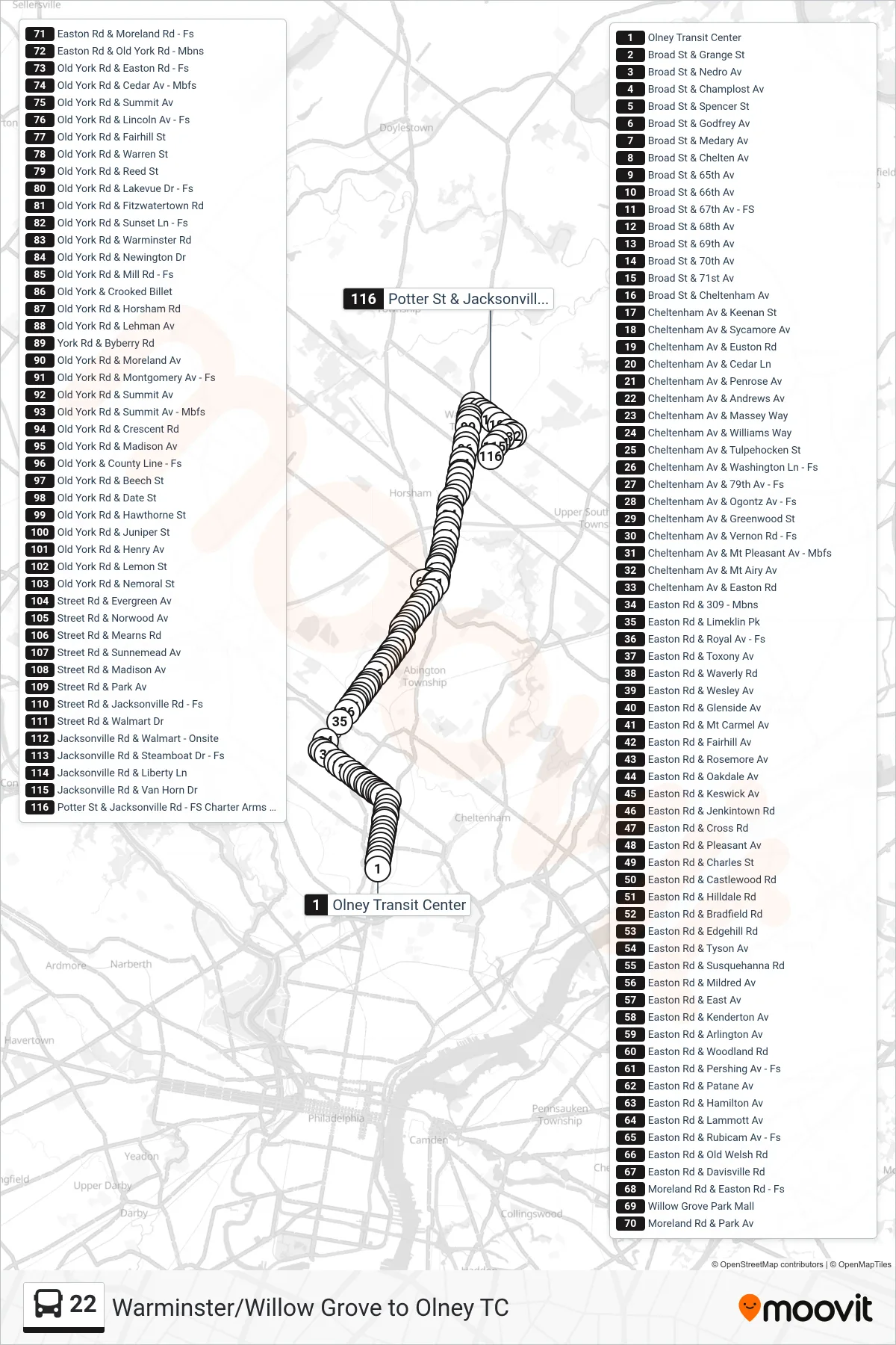 22 bus Line (Warminster) route and stops on a map