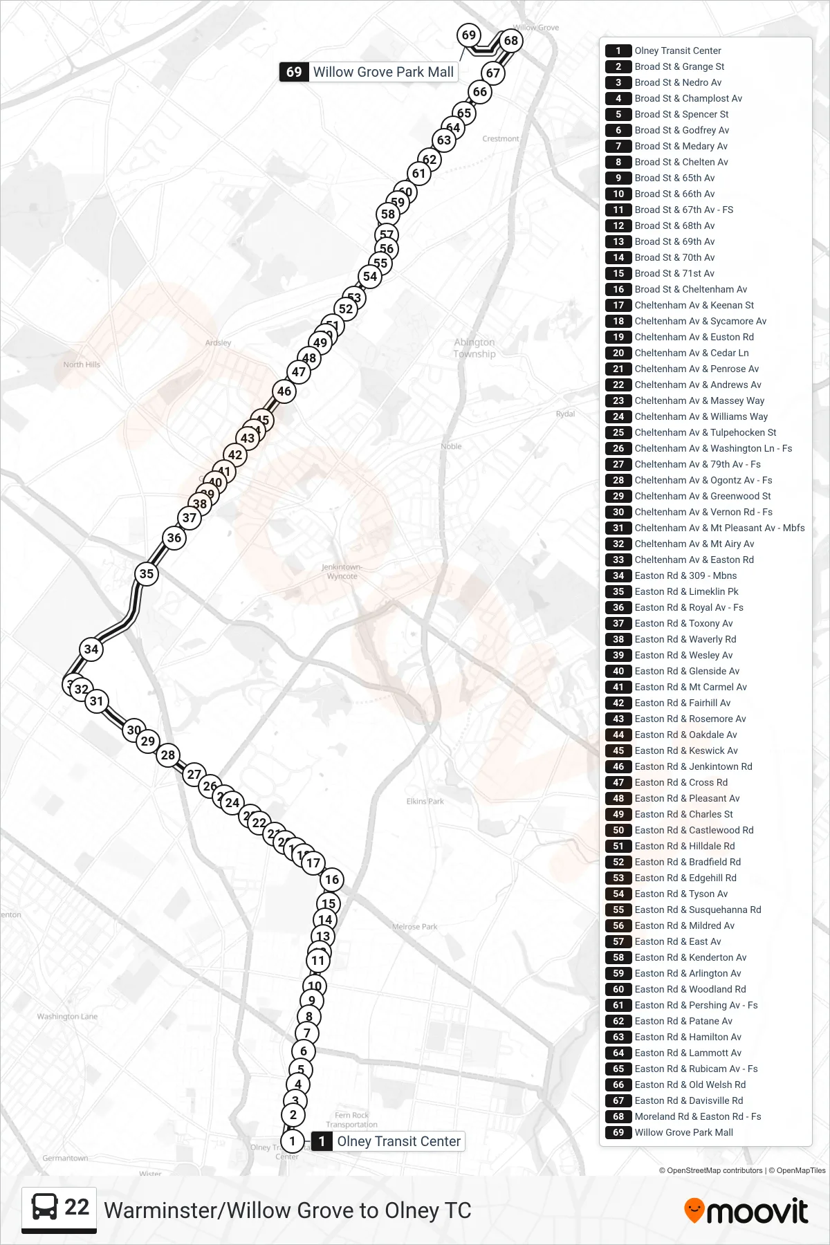22 bus Line (Willow Grove Via Easton) route and stops on a map