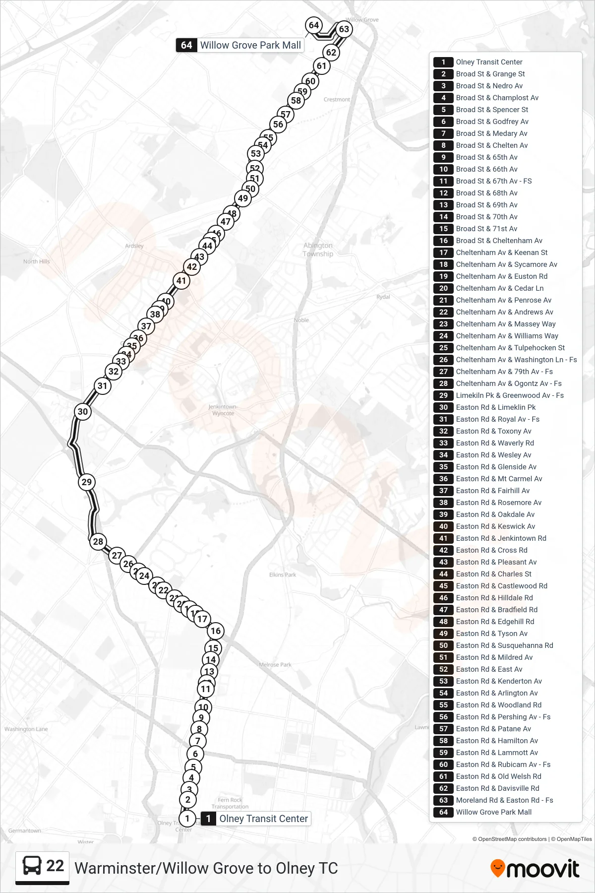 22 bus Line (Express Willow Grove) route and stops on a map