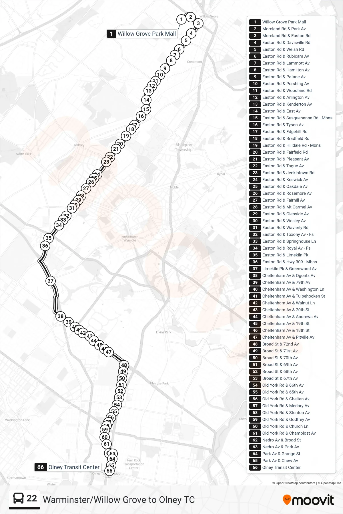 22 bus Line (Olney Transit Center Via Limekiln) route and stops on a map