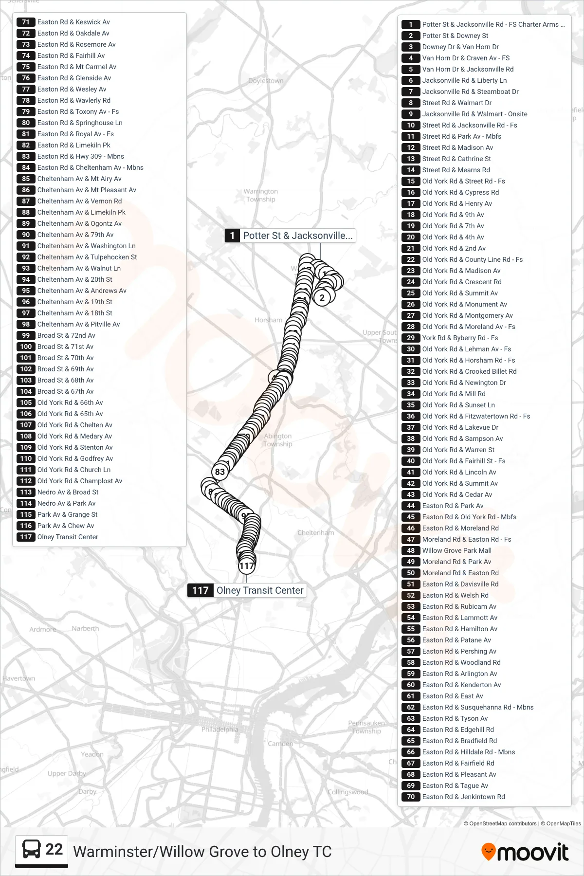 22 bus Line (Olney Transit Center) route and stops on a map